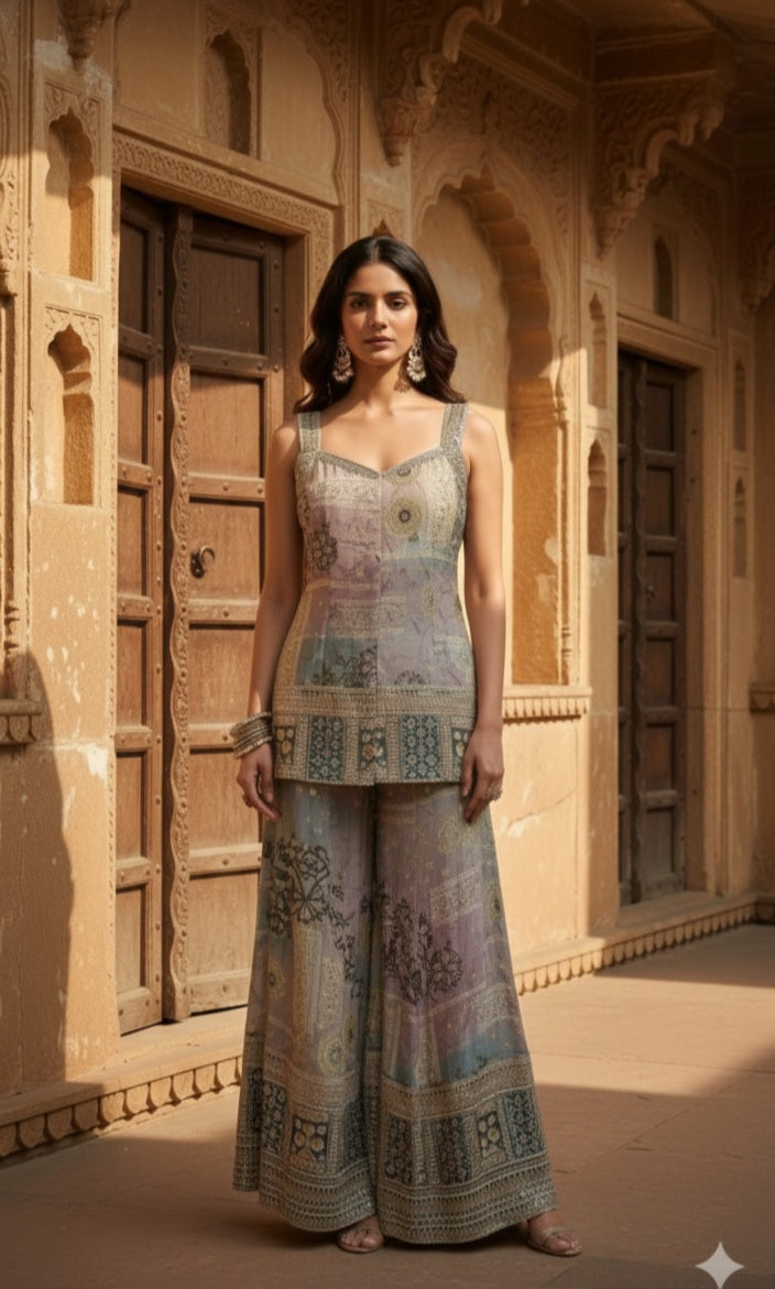 Multicolor Printed Georgette Silk Palazzo Set