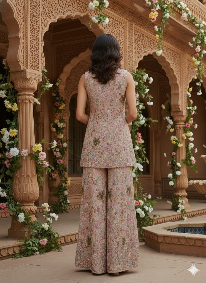 Blush Pink Embroidered Premium Silk Palazzo Set
