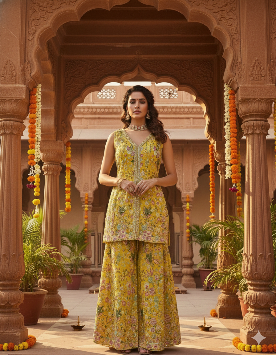 Sunshine Yellow Embroidered Tissue Silk Palazzo Set
