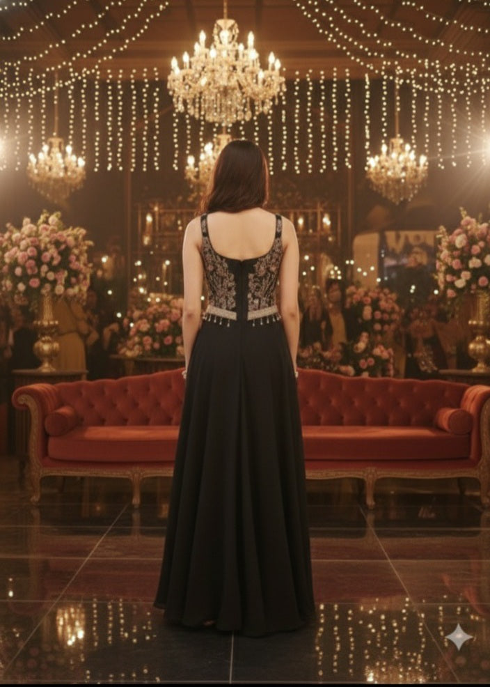 Midnight Black Embroidered Georgette Silk Palazzo Set