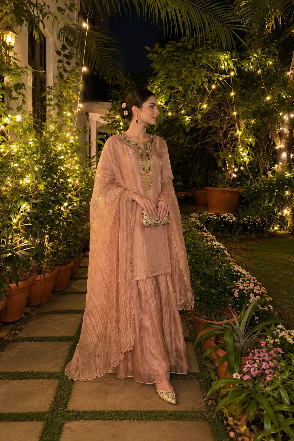 Dusty Rose Embellished Shimmer Tissue Silk Sharara Set