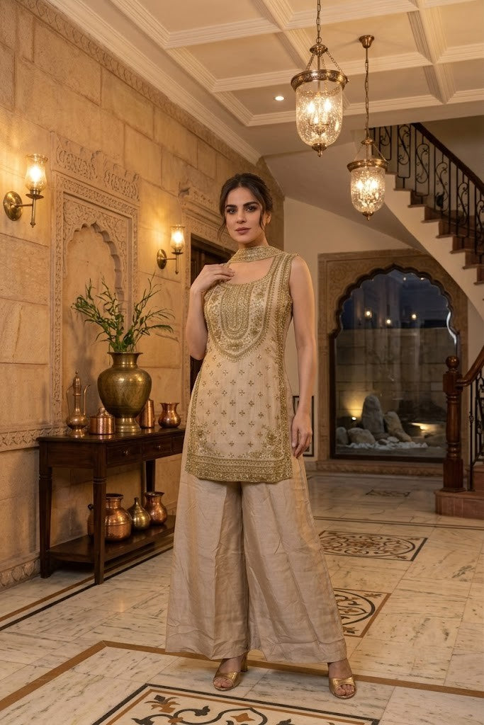 Champagne Gold Embellished Shimmer Silk Palazzo Set