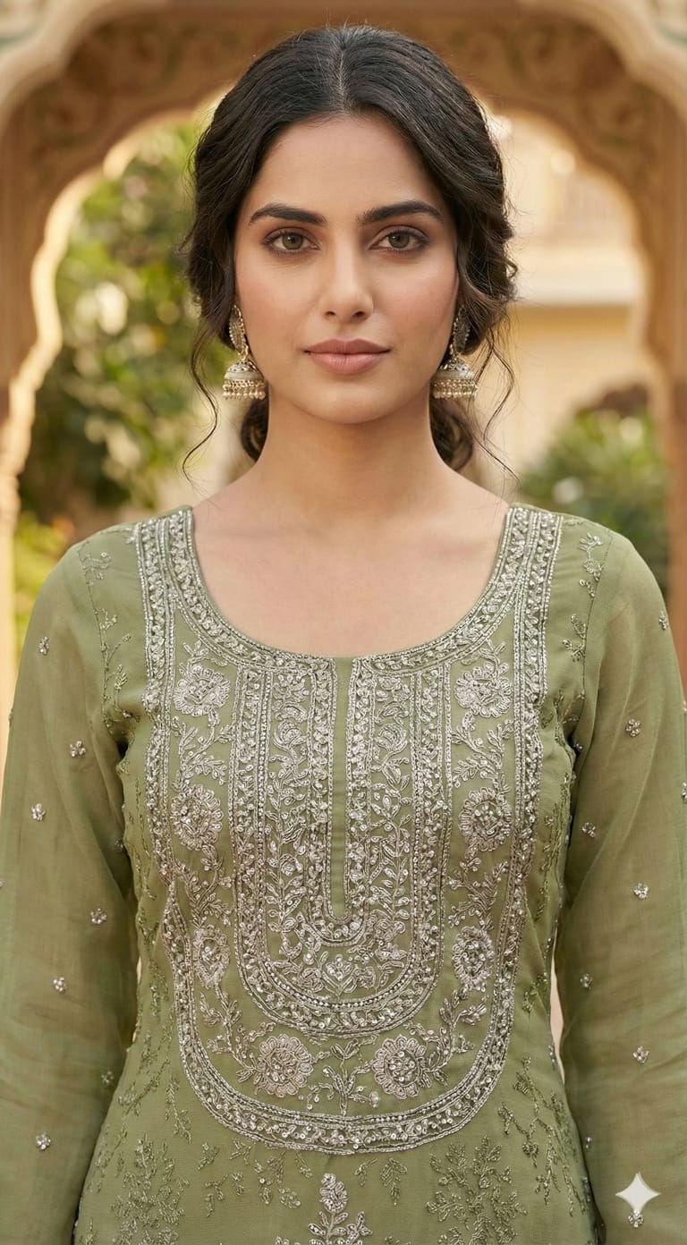 Olive Green Embellished Georgette Silk Palazzo Set