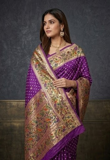 Royal Purple Bandhej Printed Premium Silk Saree