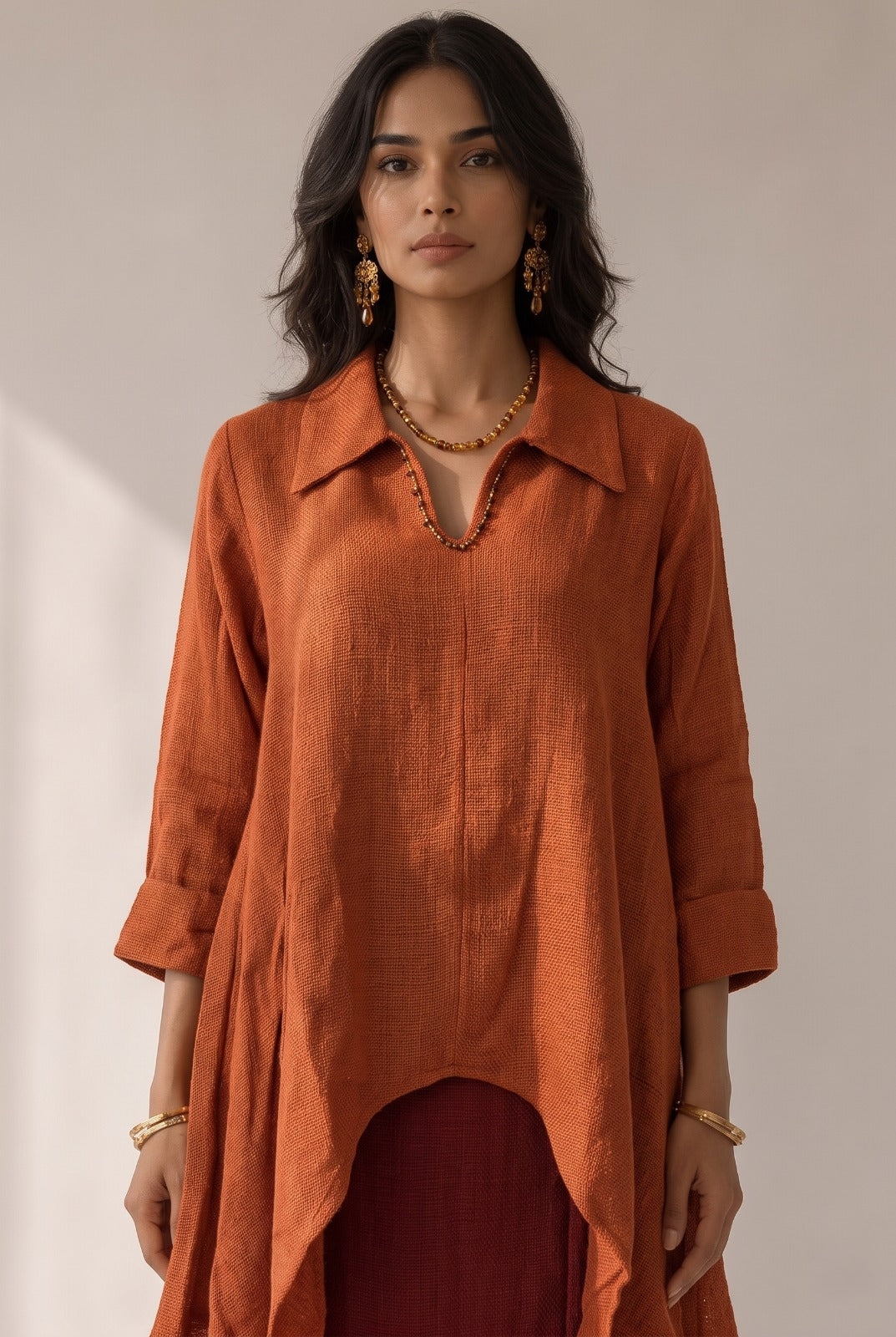 Terracota Rust Woven Cotton Tweed Skirt Set