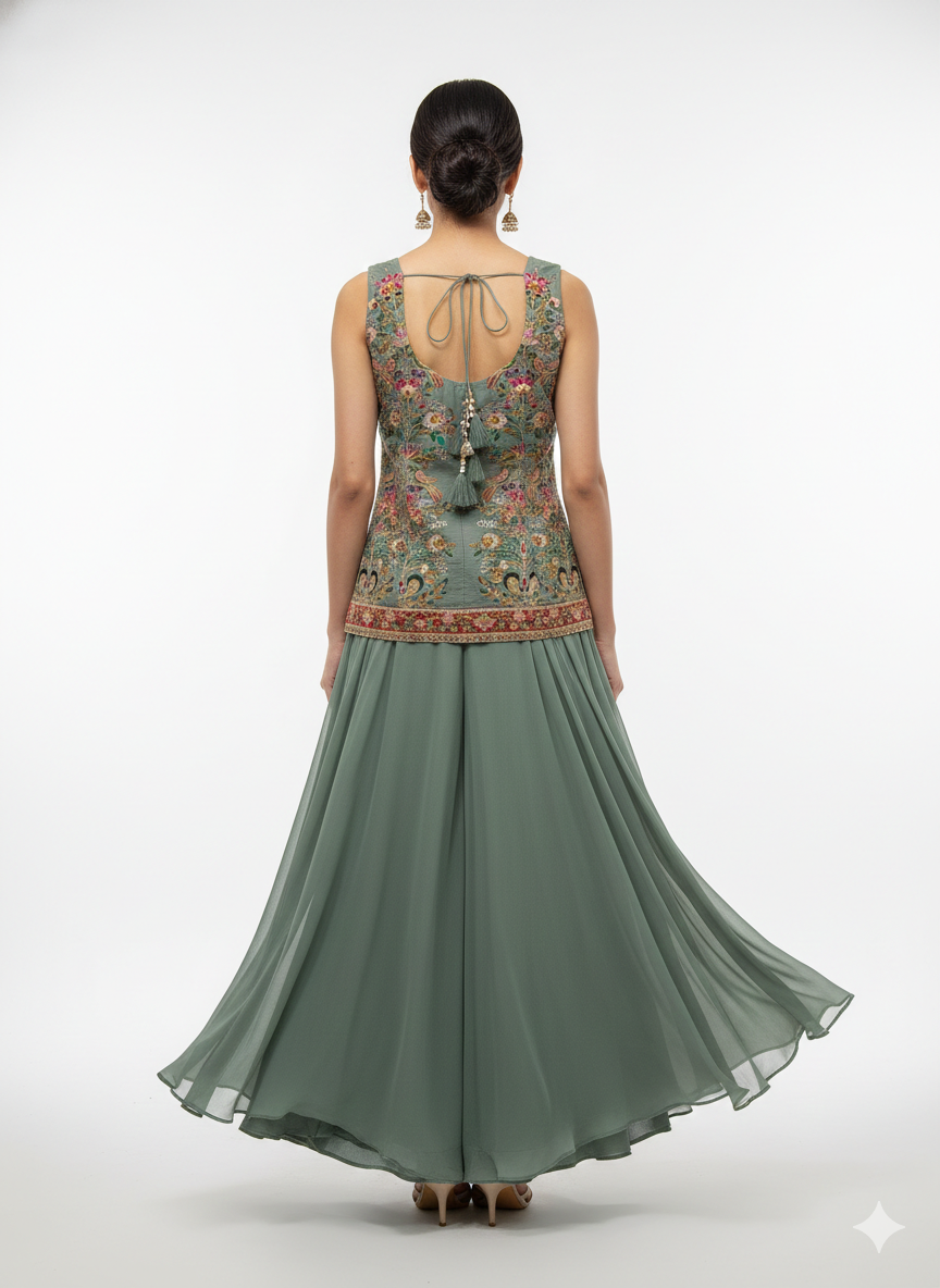 Dusty Sage Embellished Georgette Silk Palazzo Set