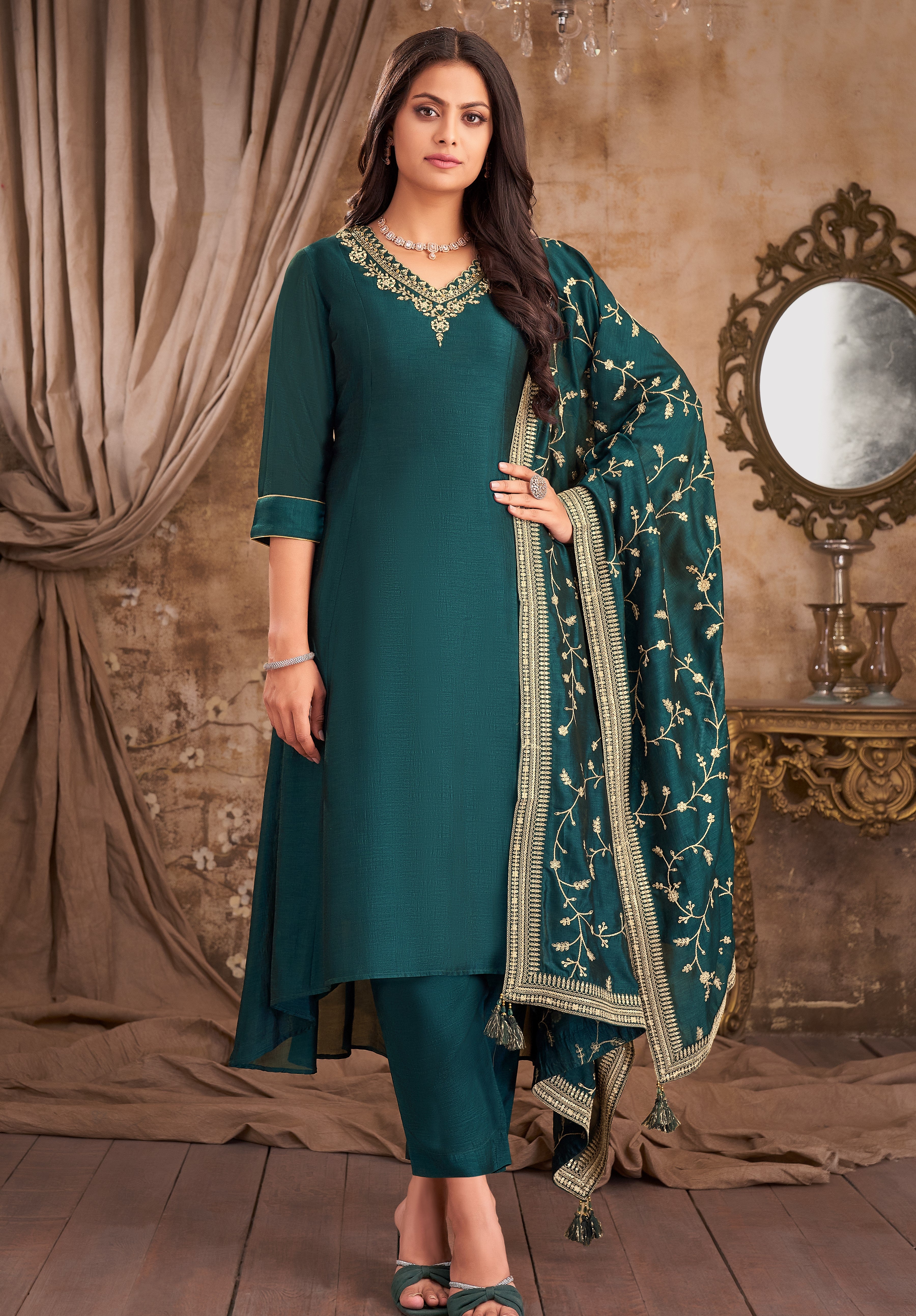 Emerald Embellished Royal Silk Kurta Pants Set