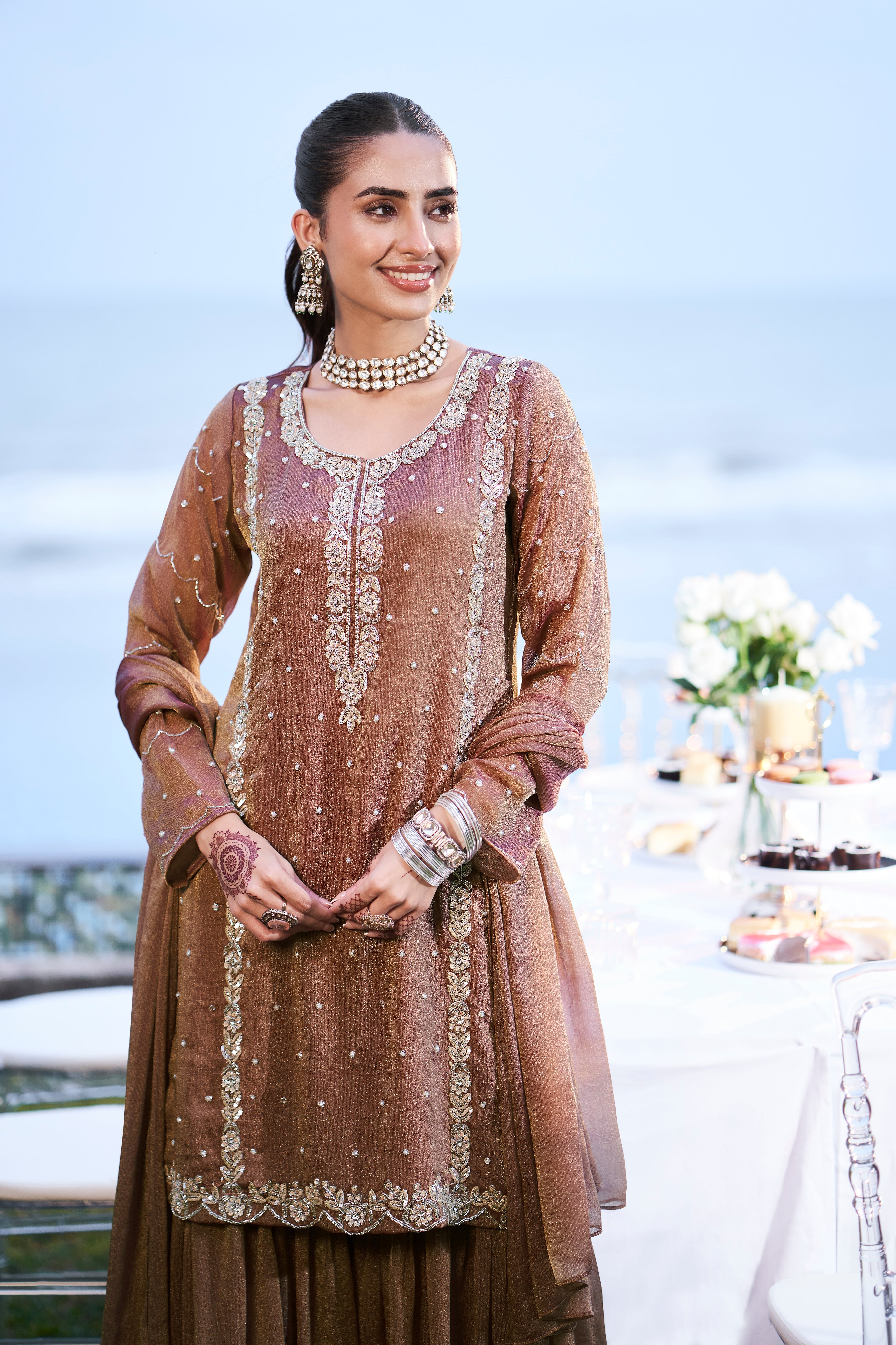 Dusty Mauve Embellished Shimmer Tissue Silk Sharara Set