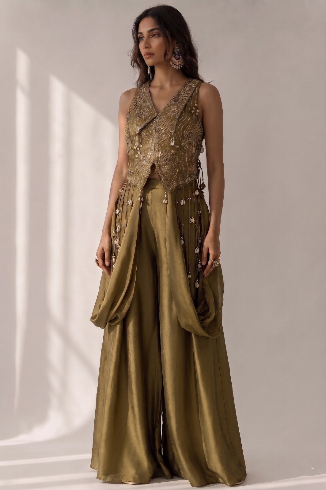 Antique Olive Embellished Organza Silk Palazzo Set