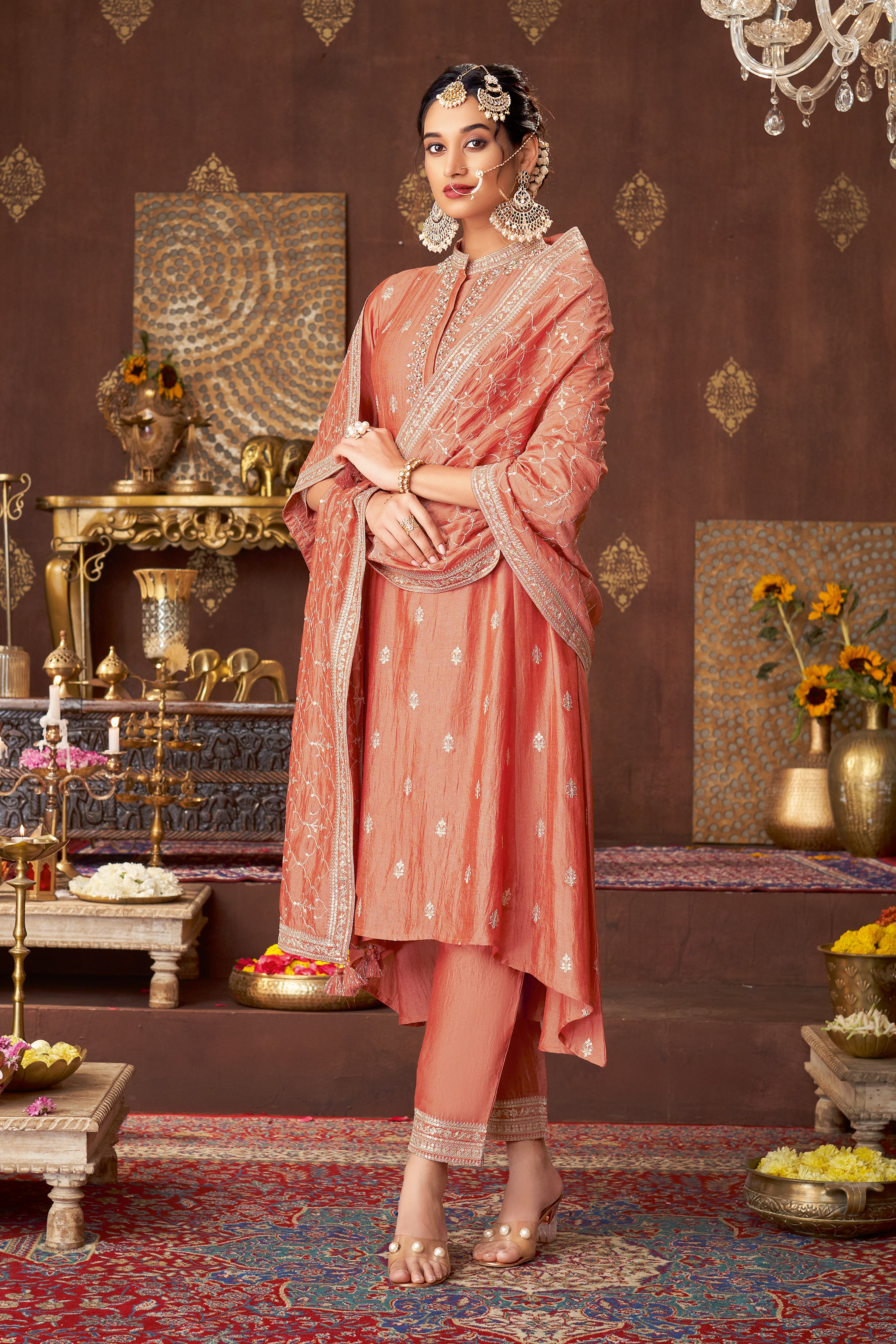 Peach Embellished Royal Silk Kurta Pants Set