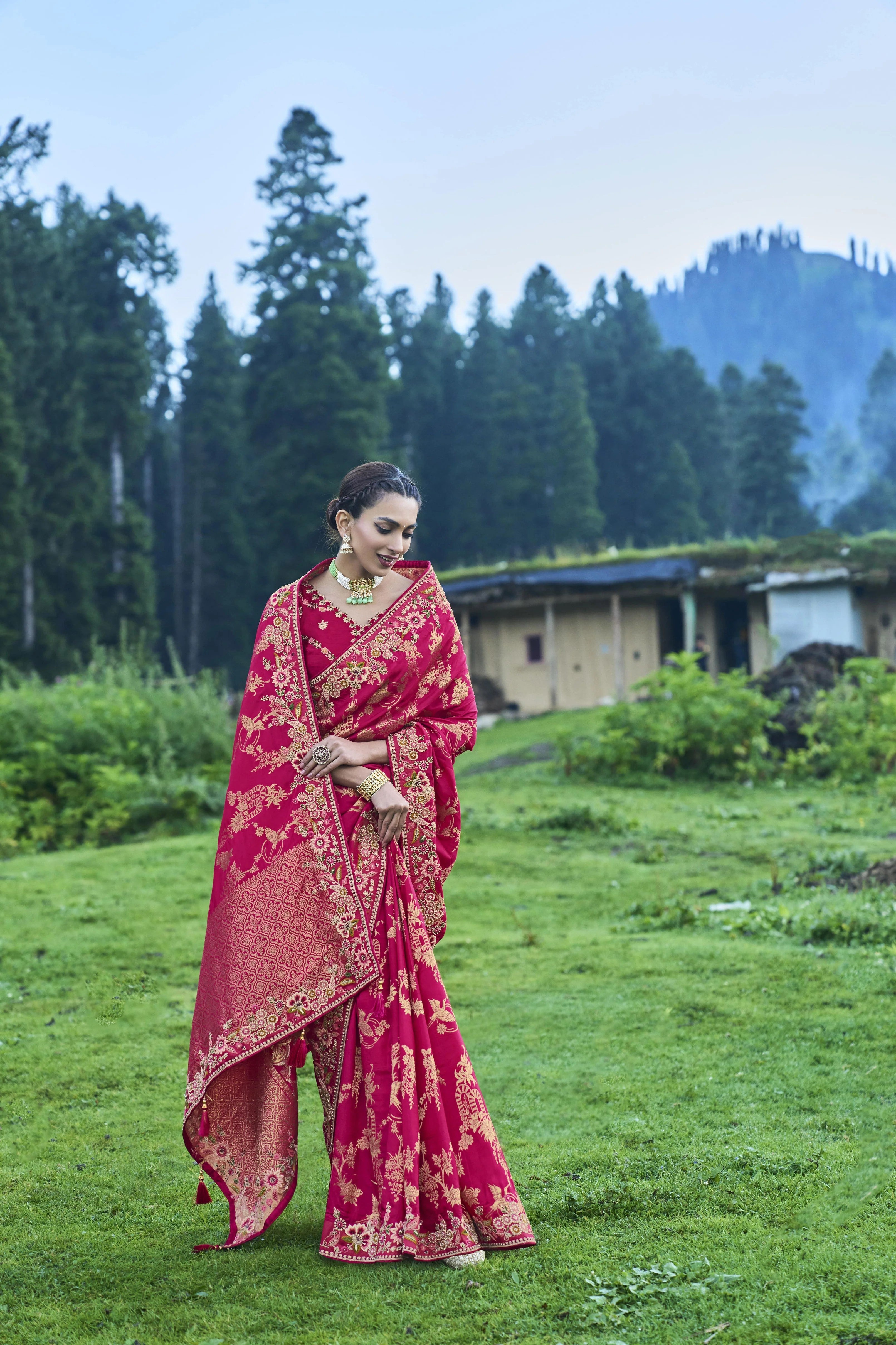 Ruby Pink Traditional Printed Pure Dola Silk Saree