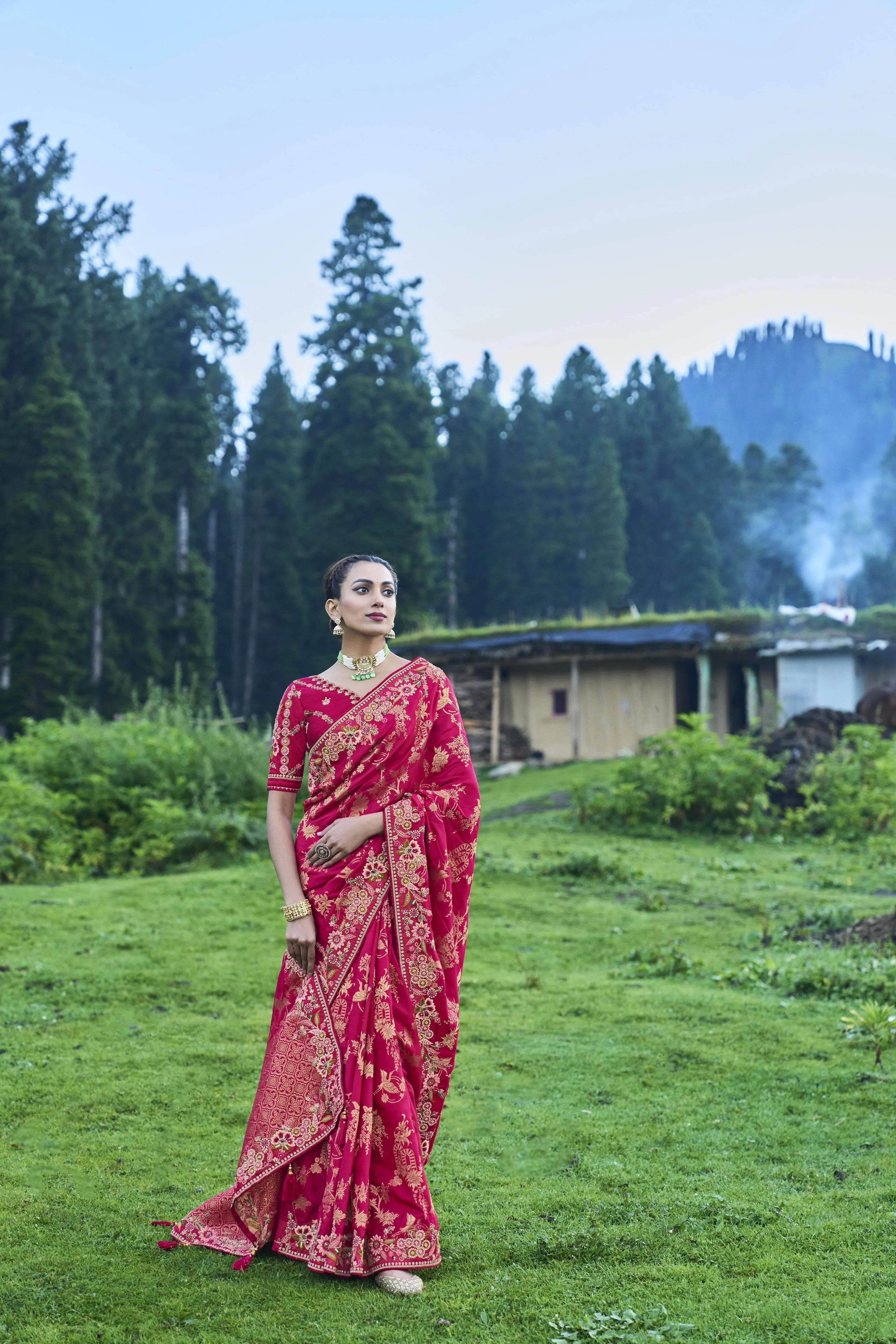Ruby Pink Traditional Printed Pure Dola Silk Saree