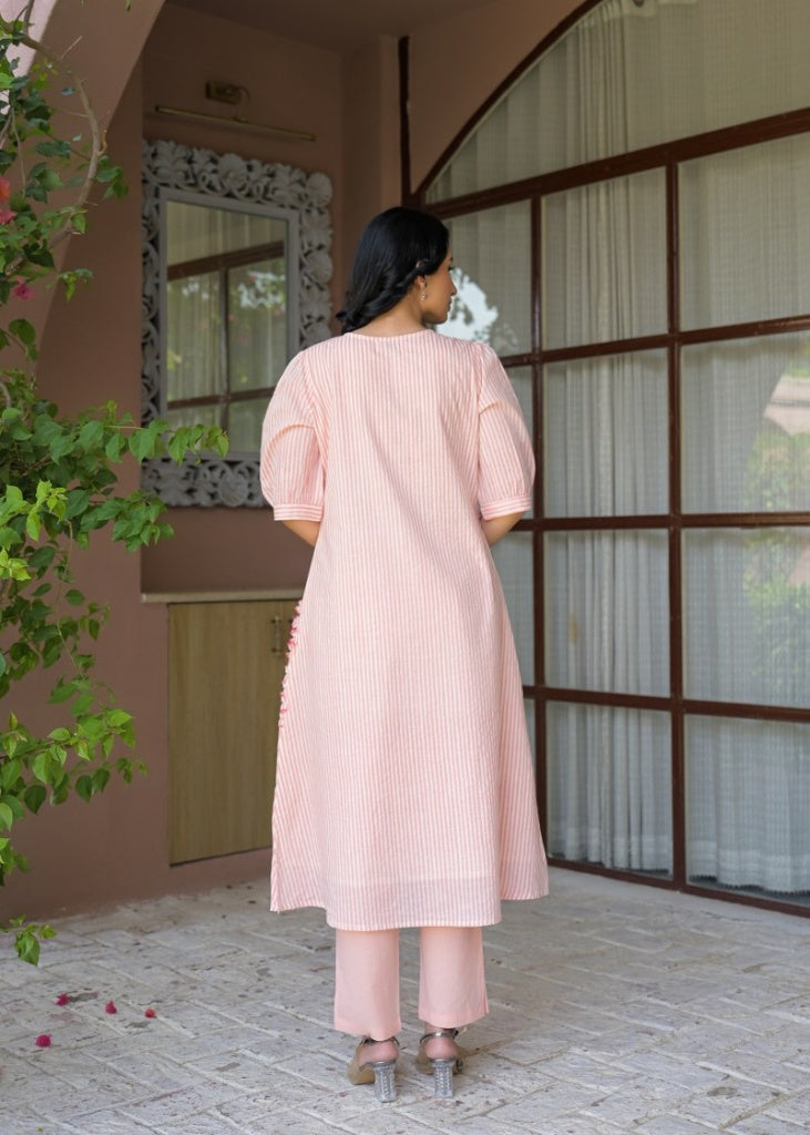Peach & White Printed Cotton Kurta Set
