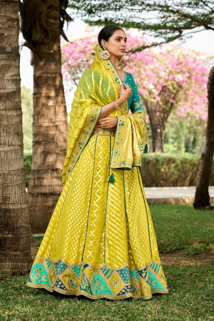Lemon Yellow Handwork Premium Organza Silk Lehenga Set