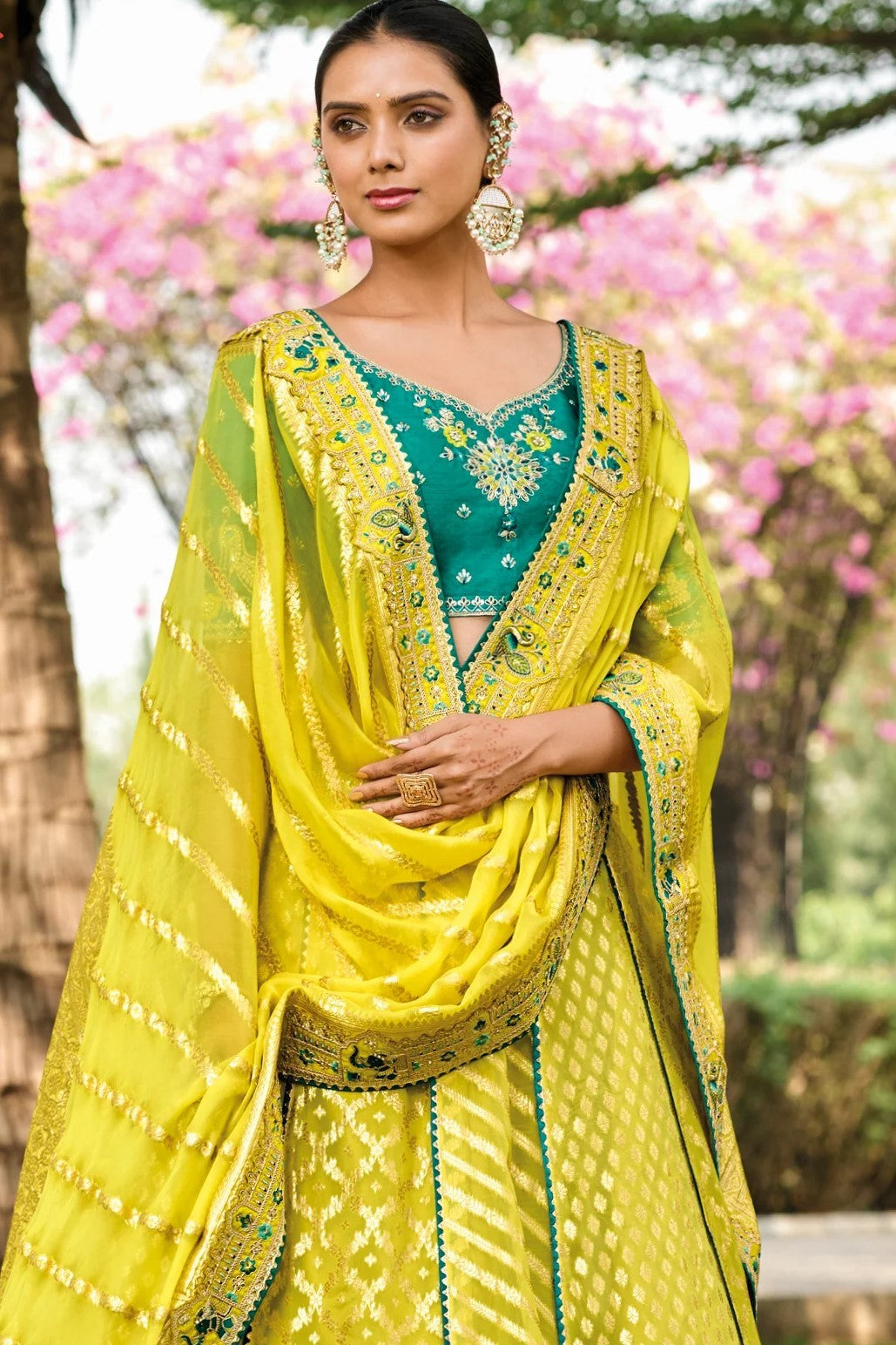 Lemon Yellow Handwork Premium Organza Silk Lehenga Set