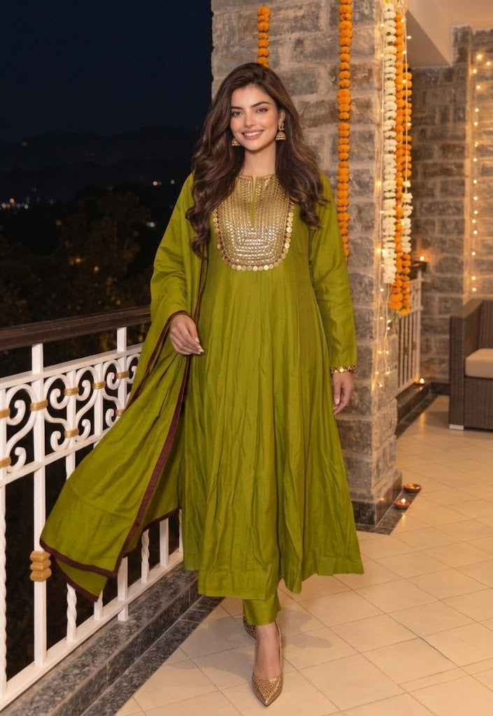 Light Green Embellished Crepe Silk Anarkali Set