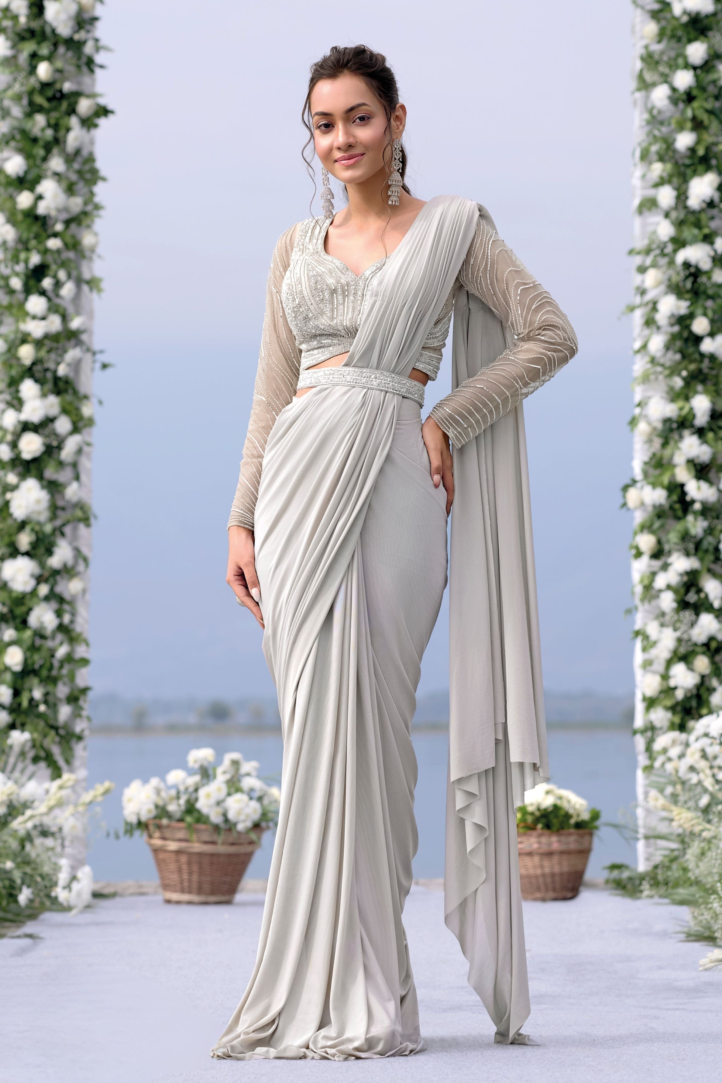 Sage Green Premium Net Draped Saree