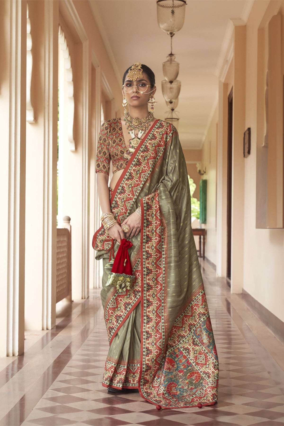 Olive Green Printed Premium Silk Saree