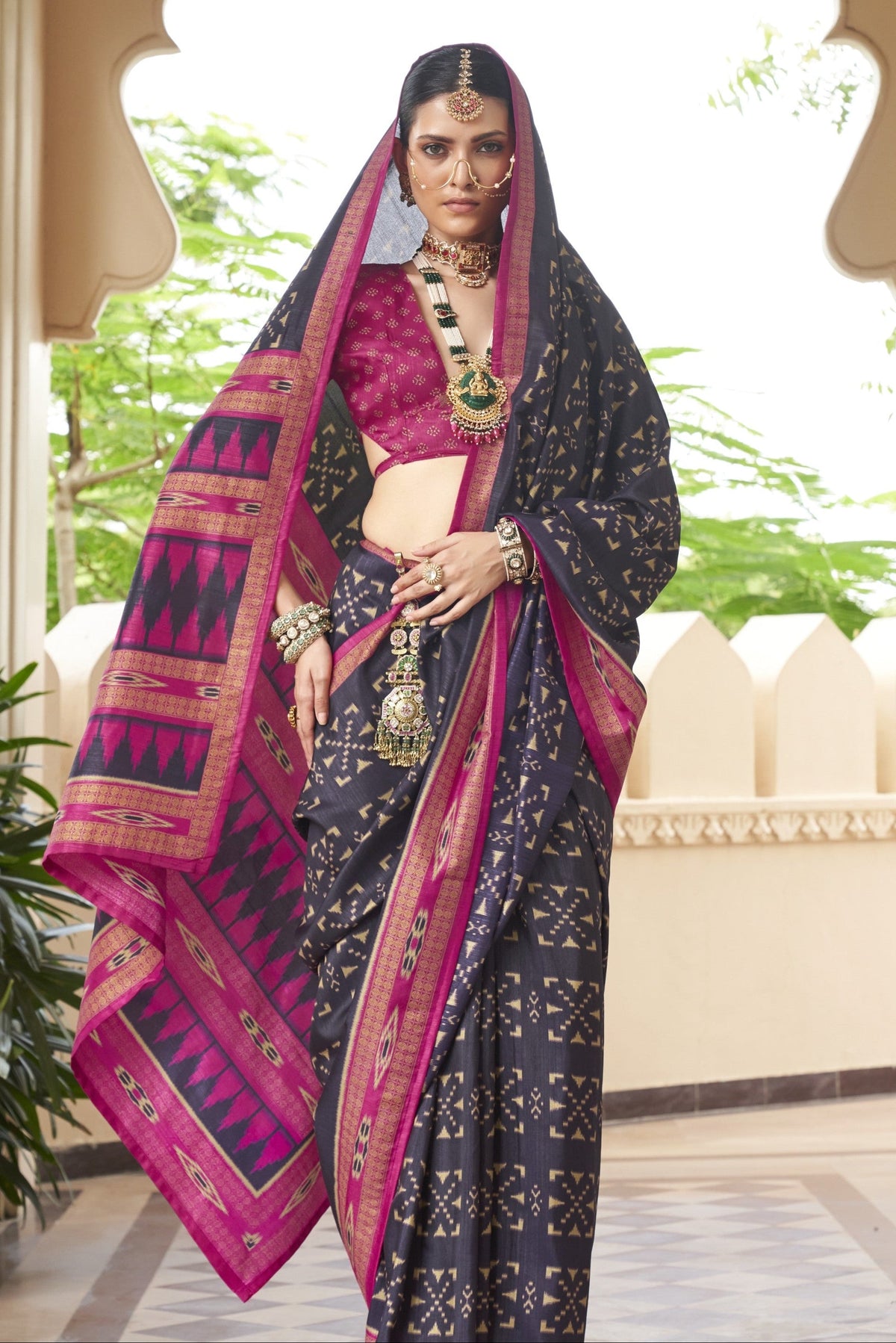 Midnight Navy Blue Printed Premium Silk Saree