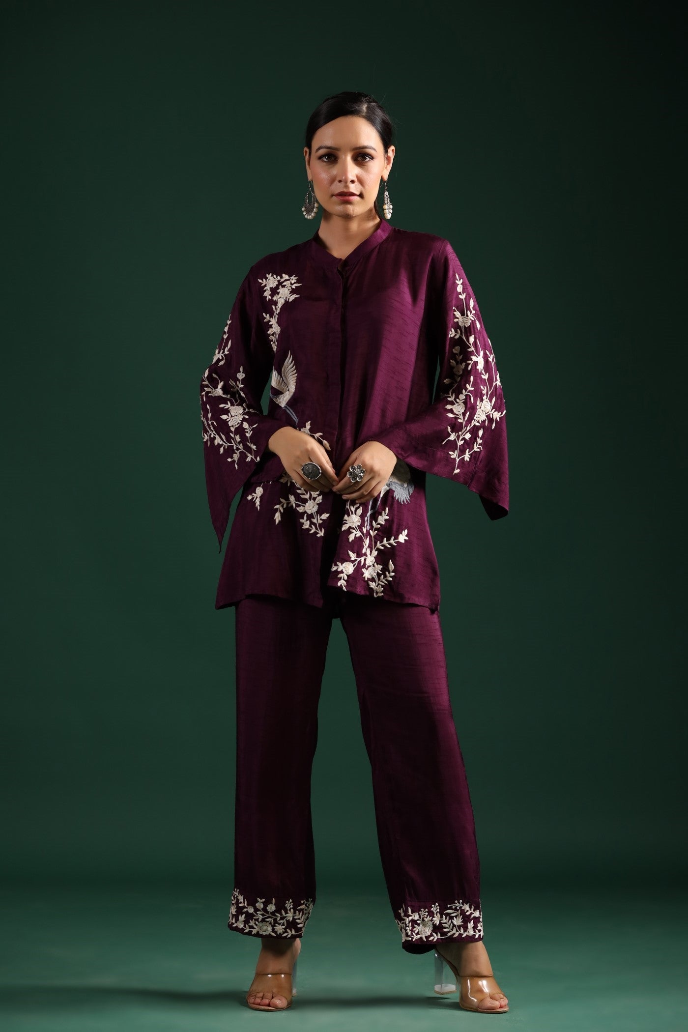 Wine Floral Embroidered Co-Ord Set