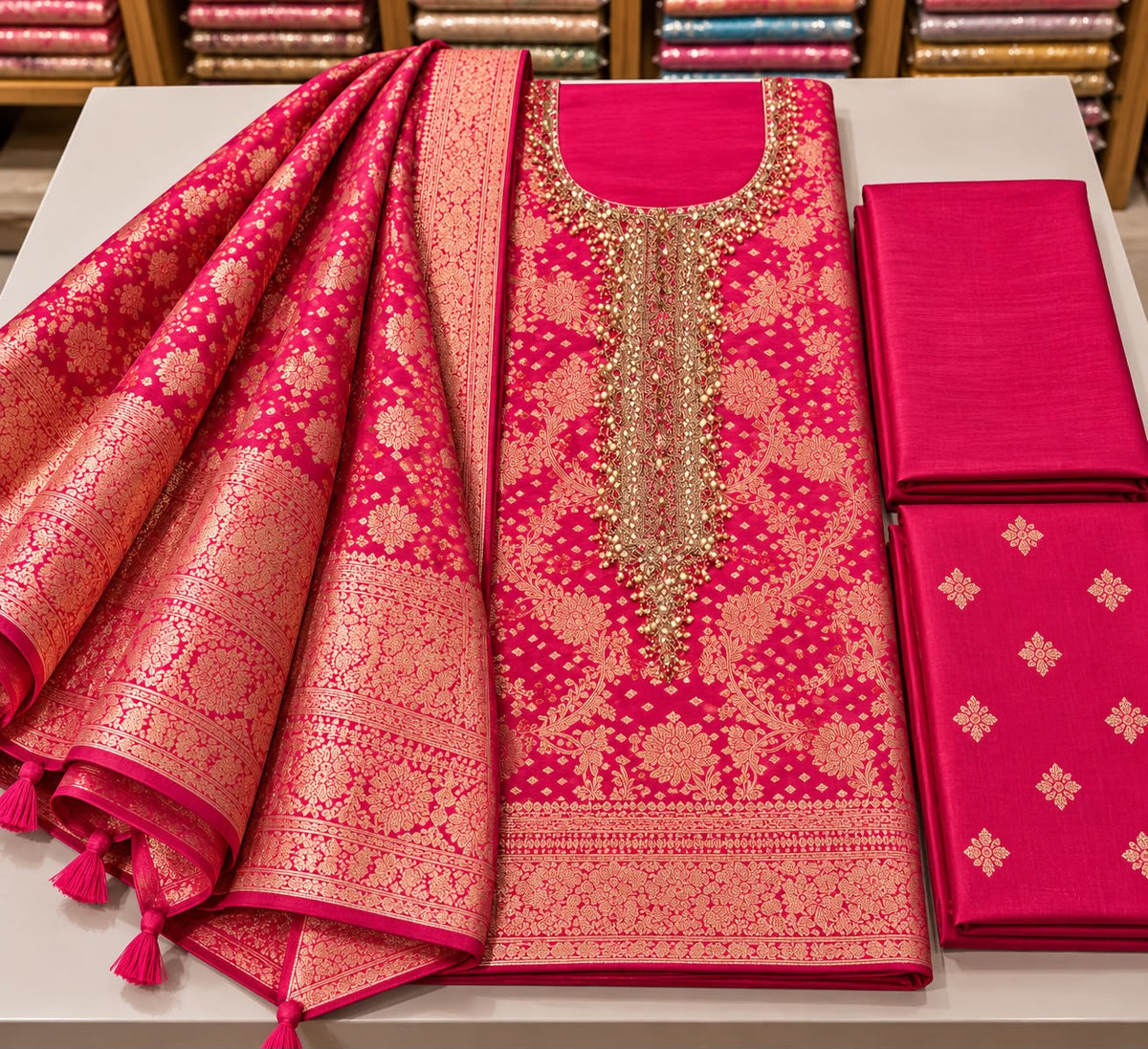 Rani Pink Embellished Brocade Silk Unstitched Suit Set