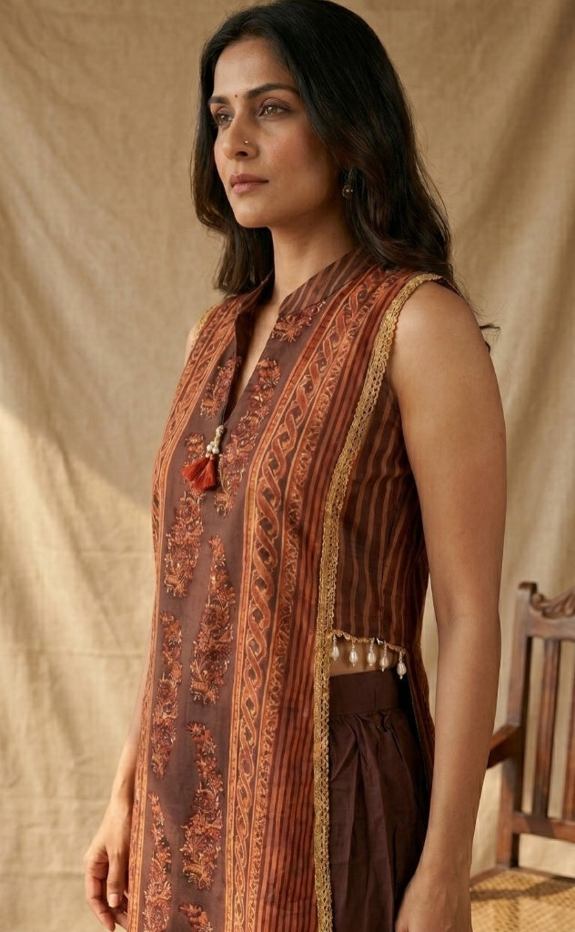 Earthy Cocoa Printed Modal Satin Kurta Set