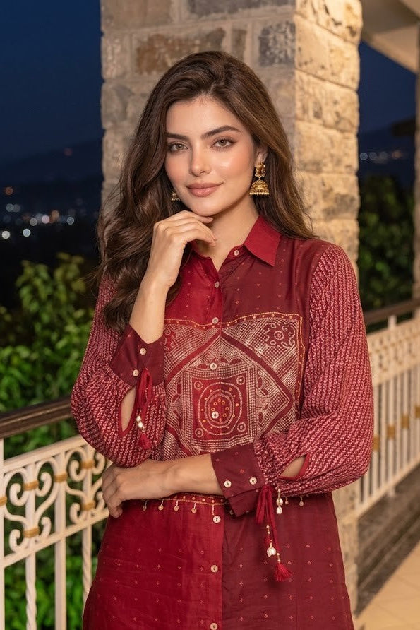 Crimson Red Bandhni Crepe Silk Co-ord Set