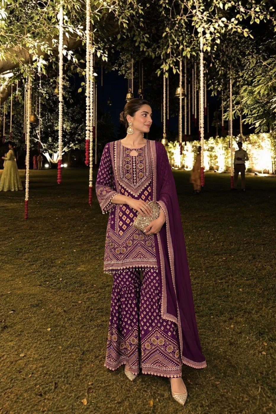 Puple Midnight Embellished Pure Crepe Silk Sharara Set