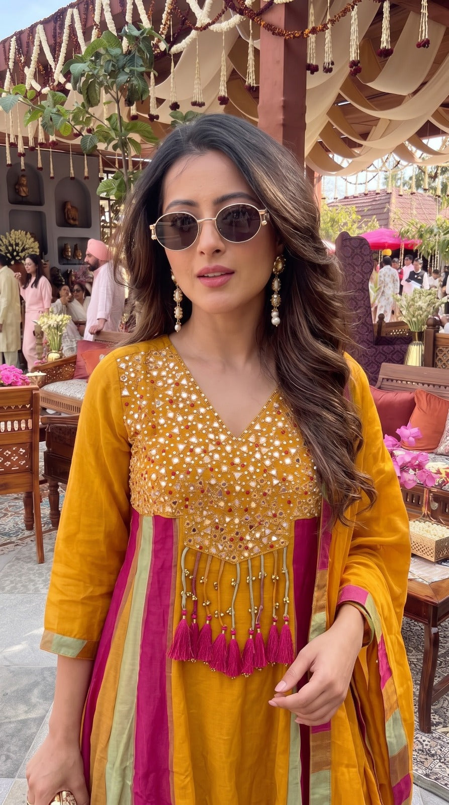 Mustard Yellow Embellished Shimmer Silk Anarkali Set