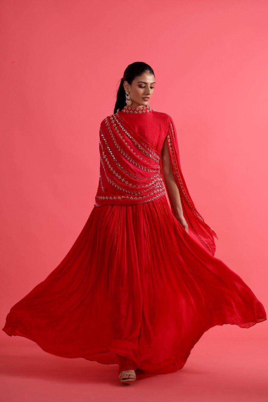 Reddish Pink Embellished & Draped Chinon Silk Gown