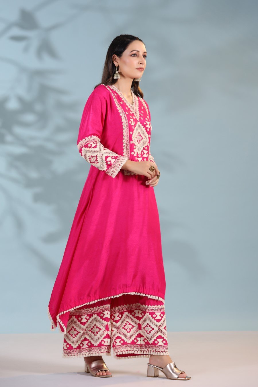 Hot Pink Kashmiri Embroidered Kurta with Palazzo