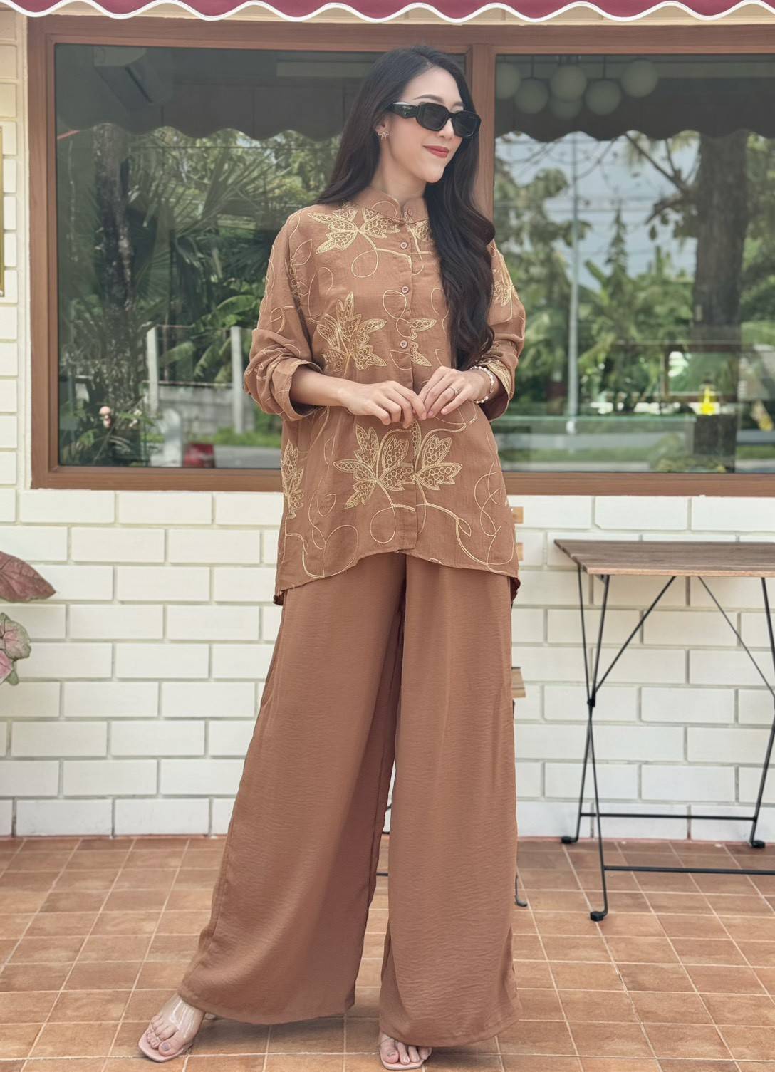 Tan Brown Embellished Crepe Silk Co-Ord Set