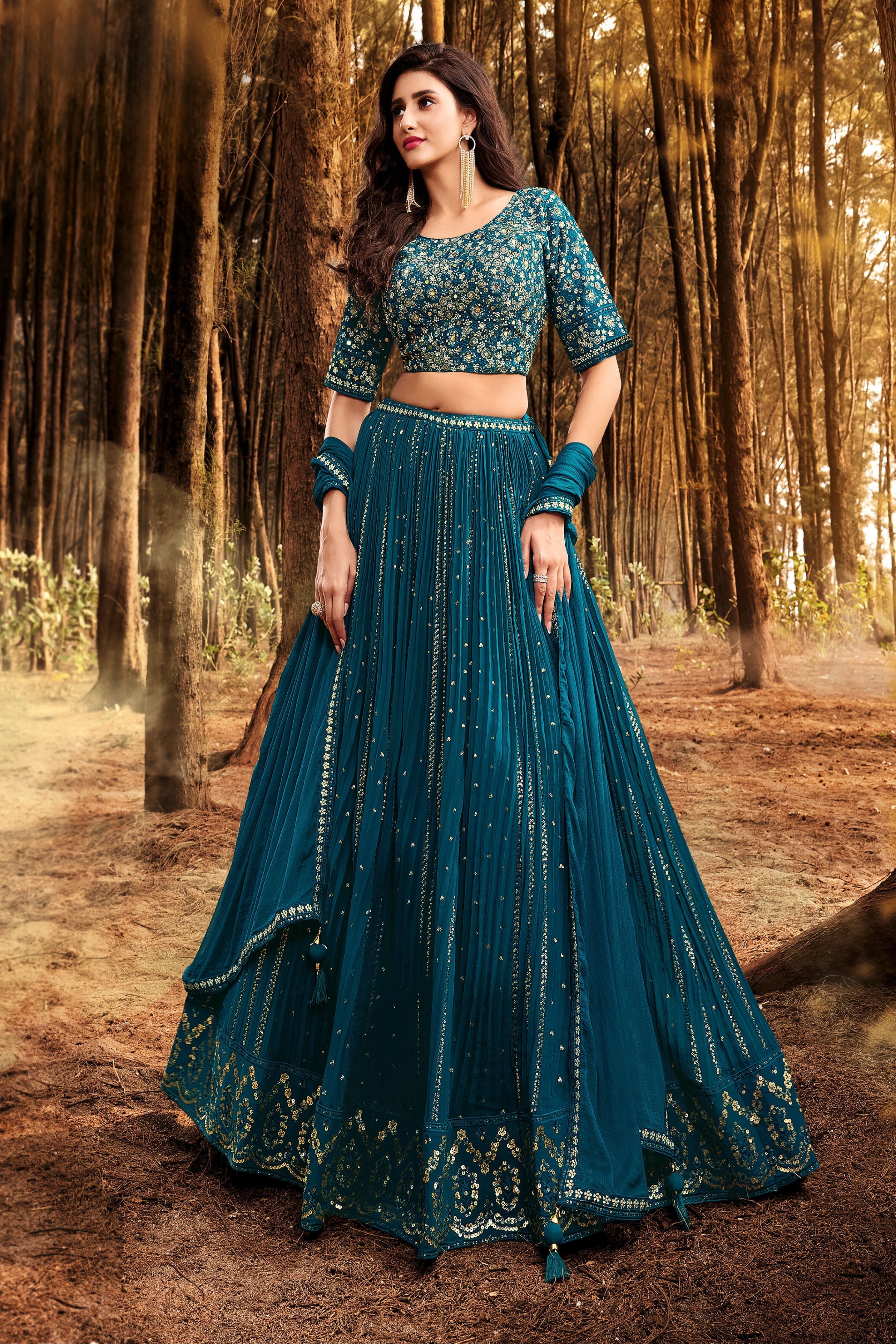Rama Blue Embroidered Swiss Georgette Silk Lehenga Set