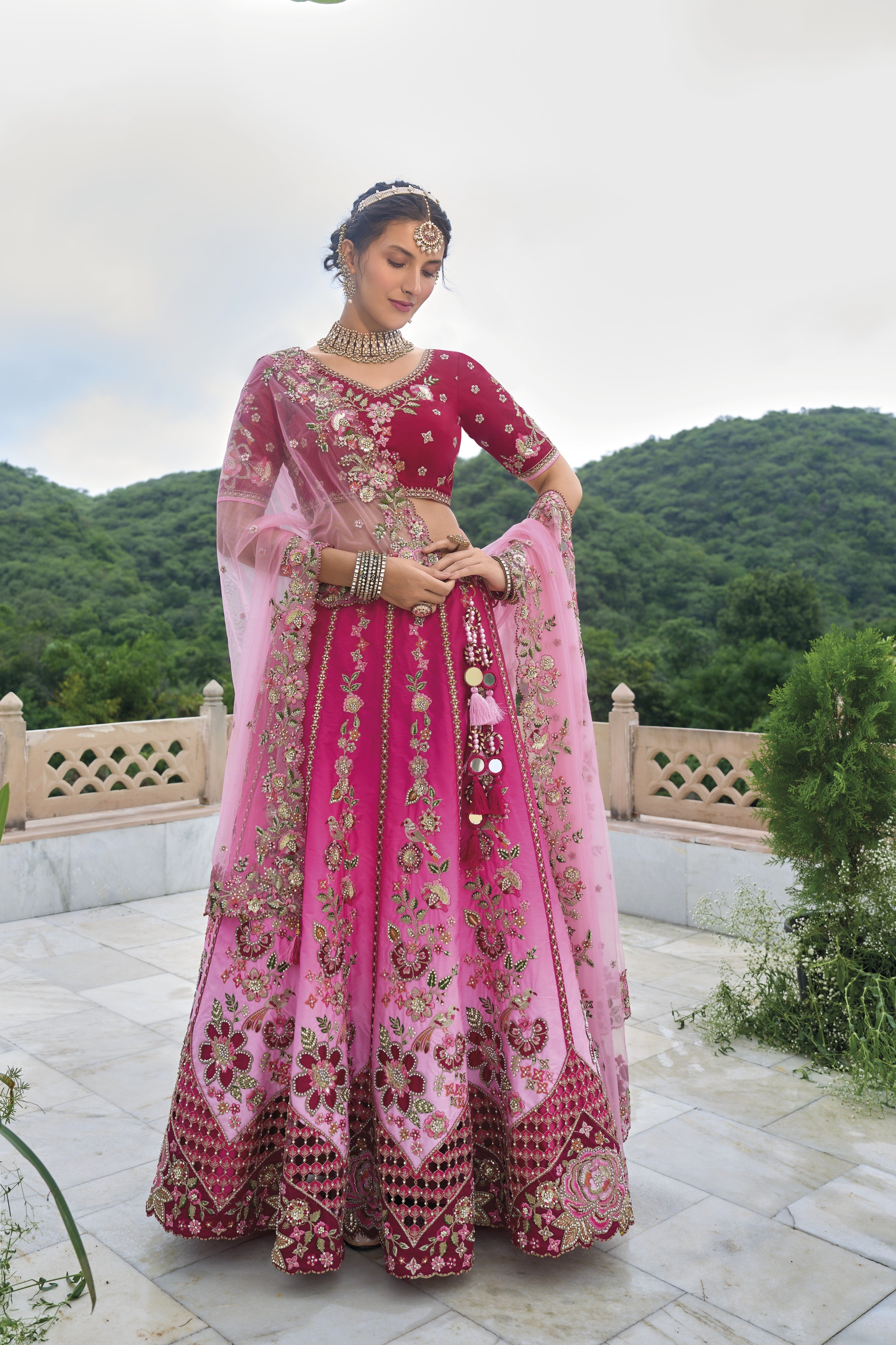 Pink Traditional Embroidered Silk Lehenga