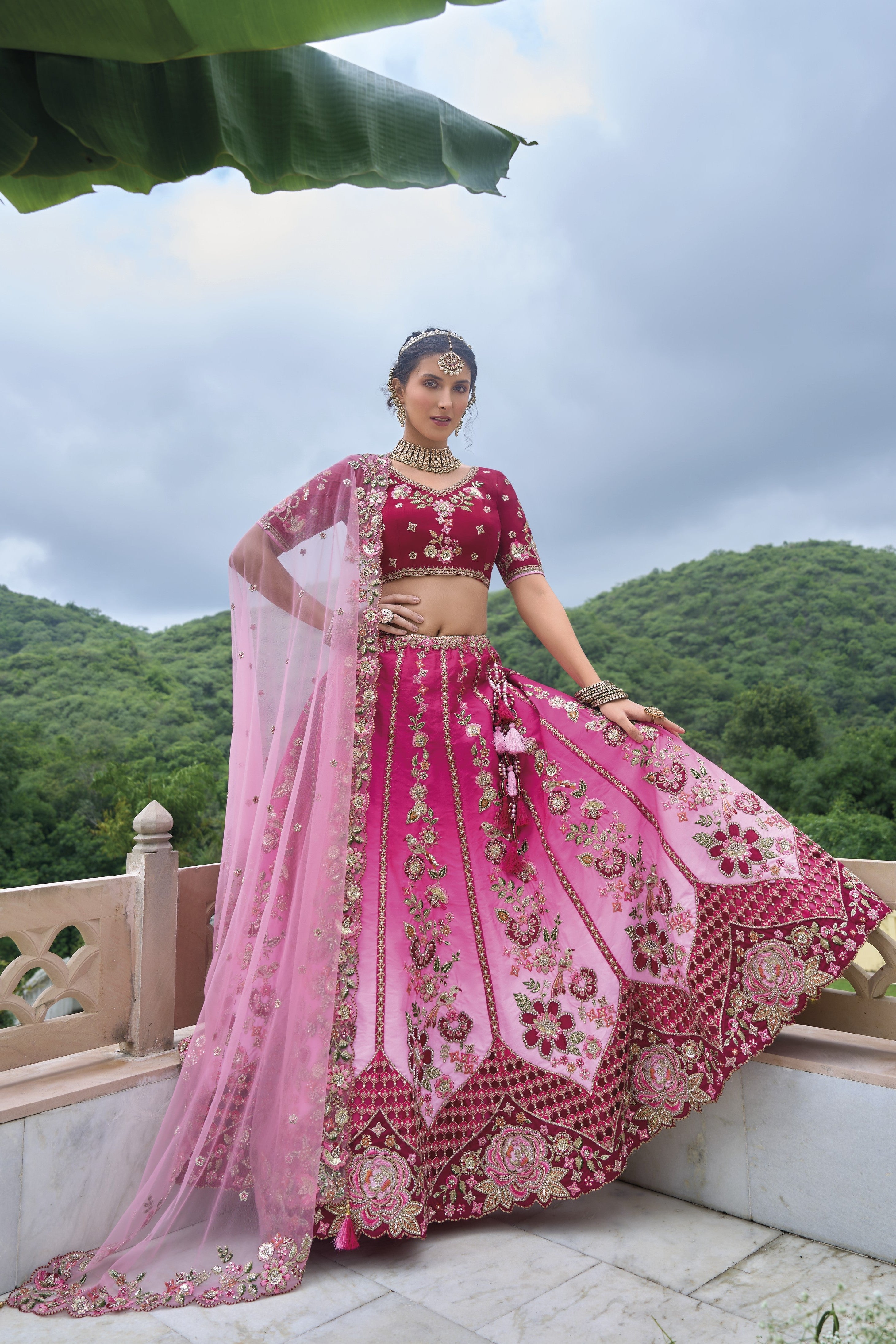 Pink Traditional Embroidered Silk Lehenga