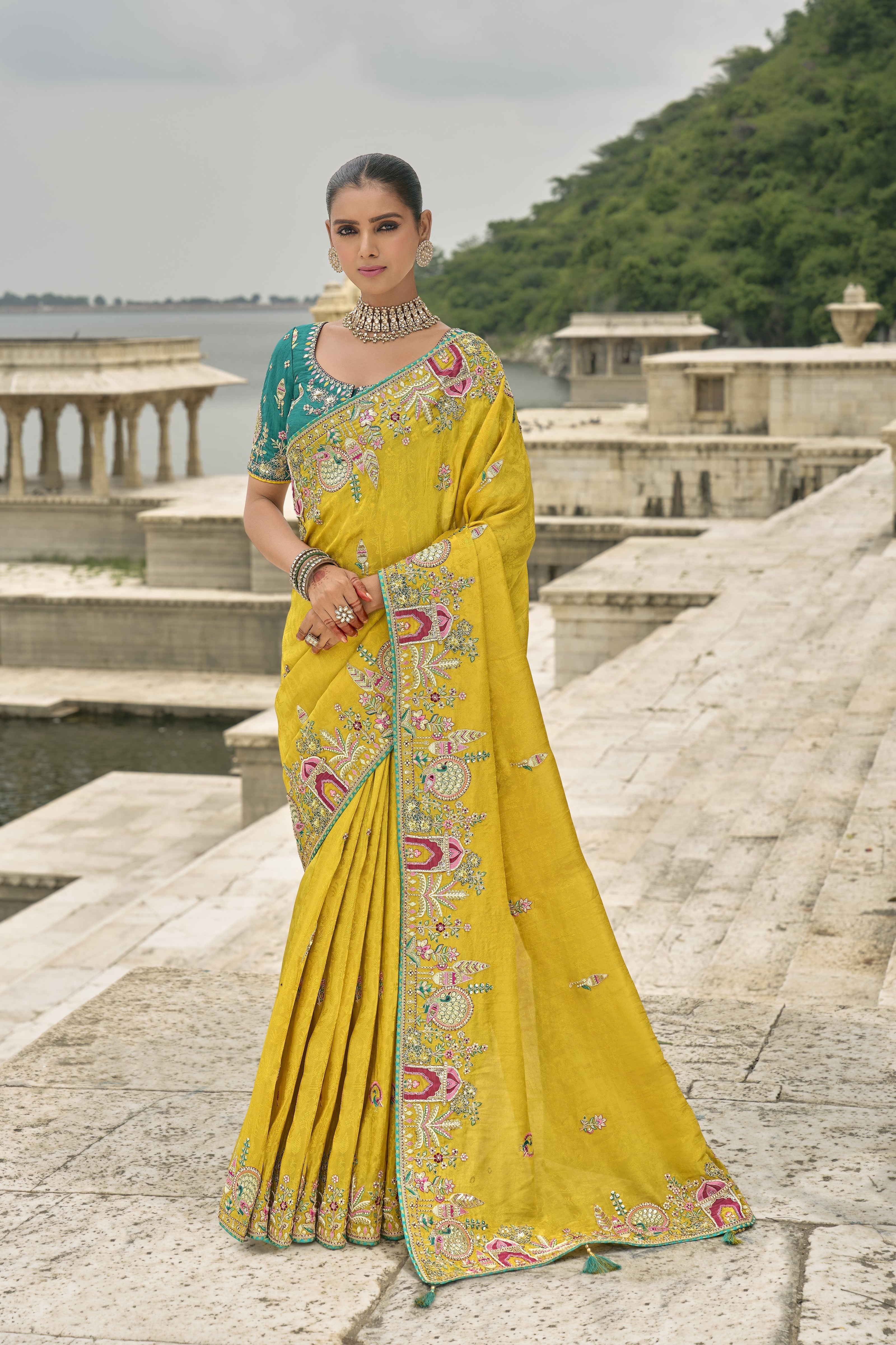 Festive Yellow Embroidered Pure Silk Saree