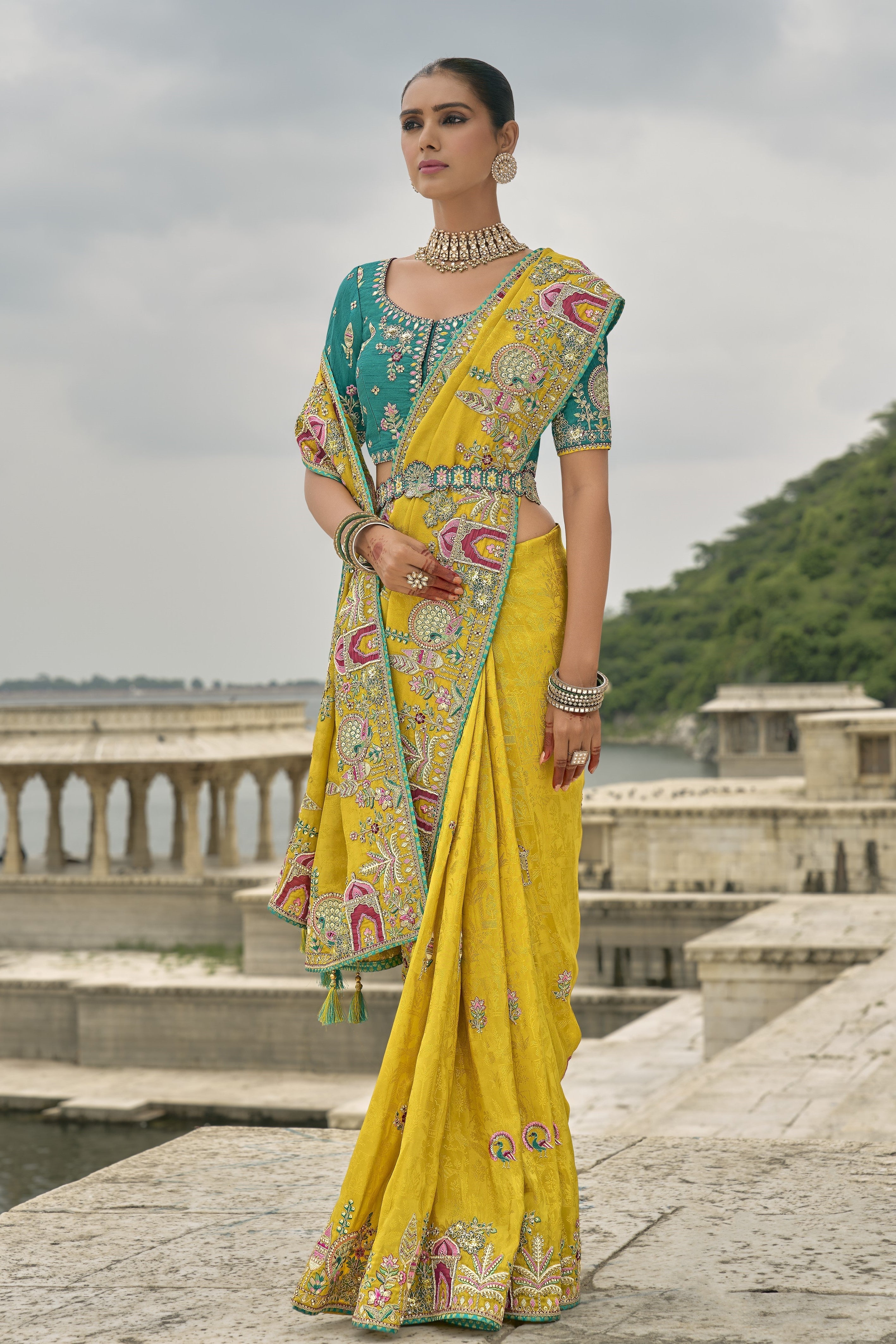 Festive Yellow Embroidered Pure Silk Saree