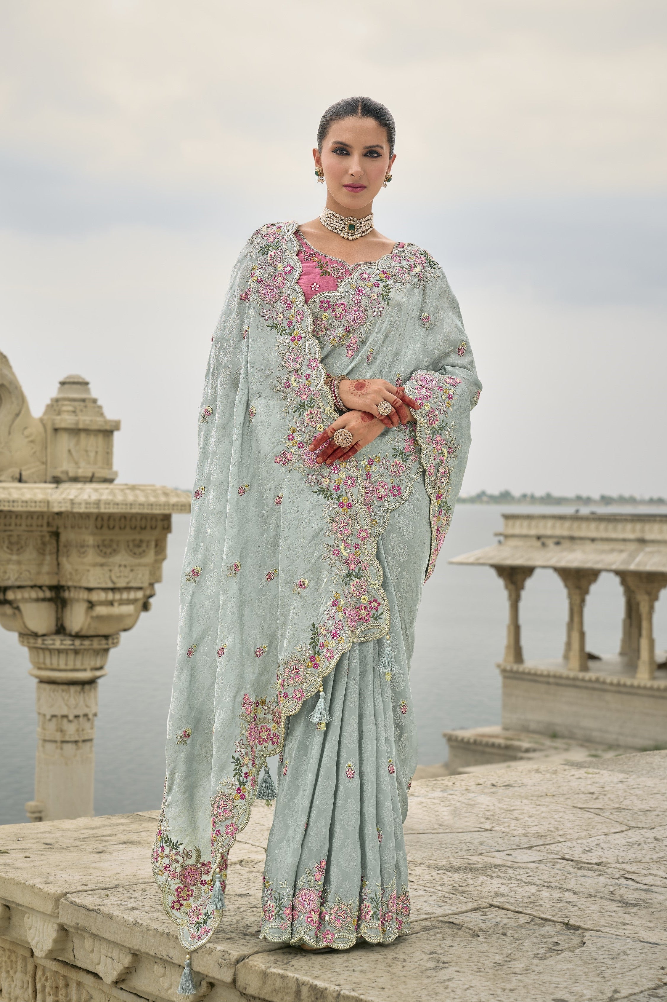 Pastel Blue Embroidered Pure Silk Saree