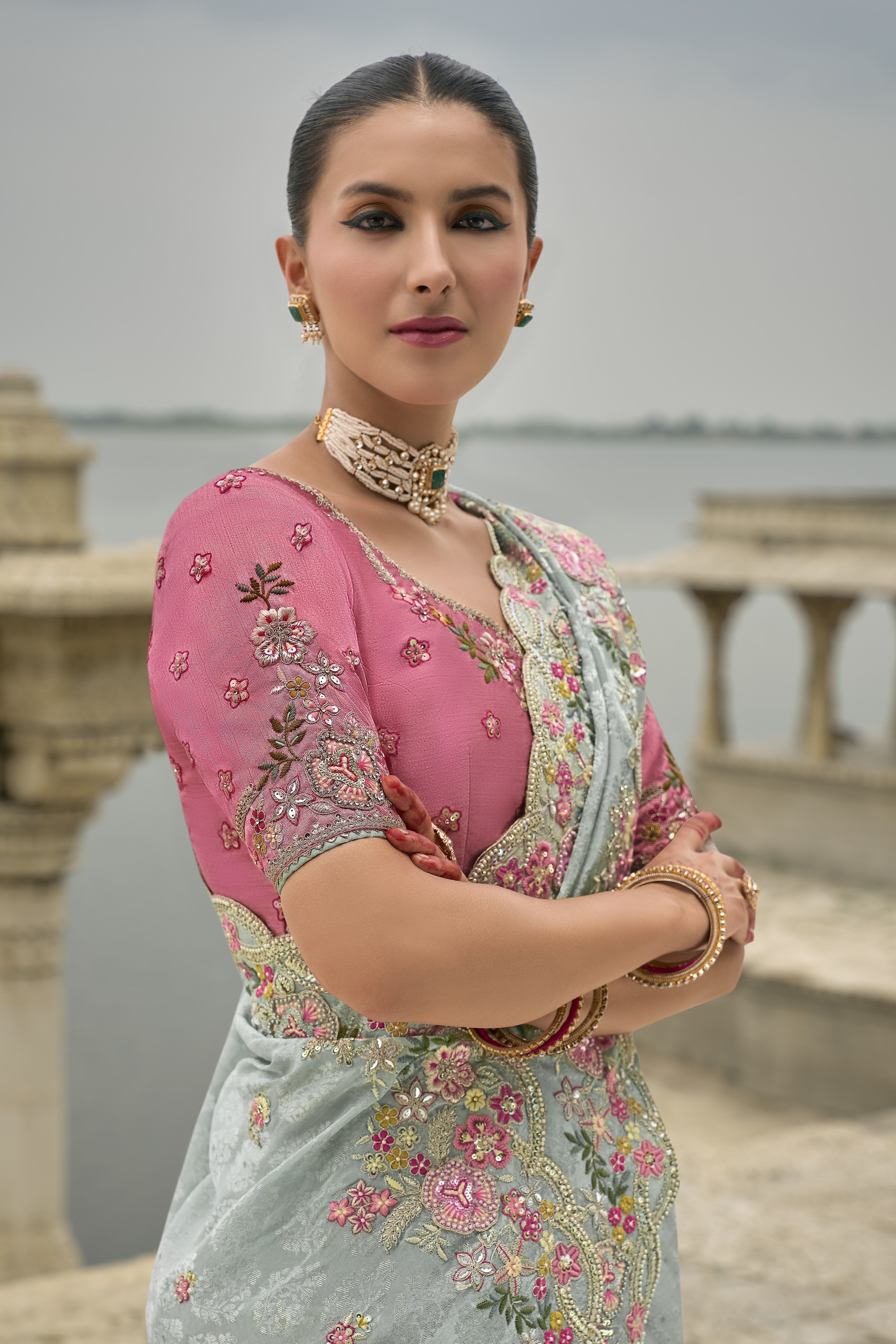 Pastel Blue Embroidered Pure Silk Saree