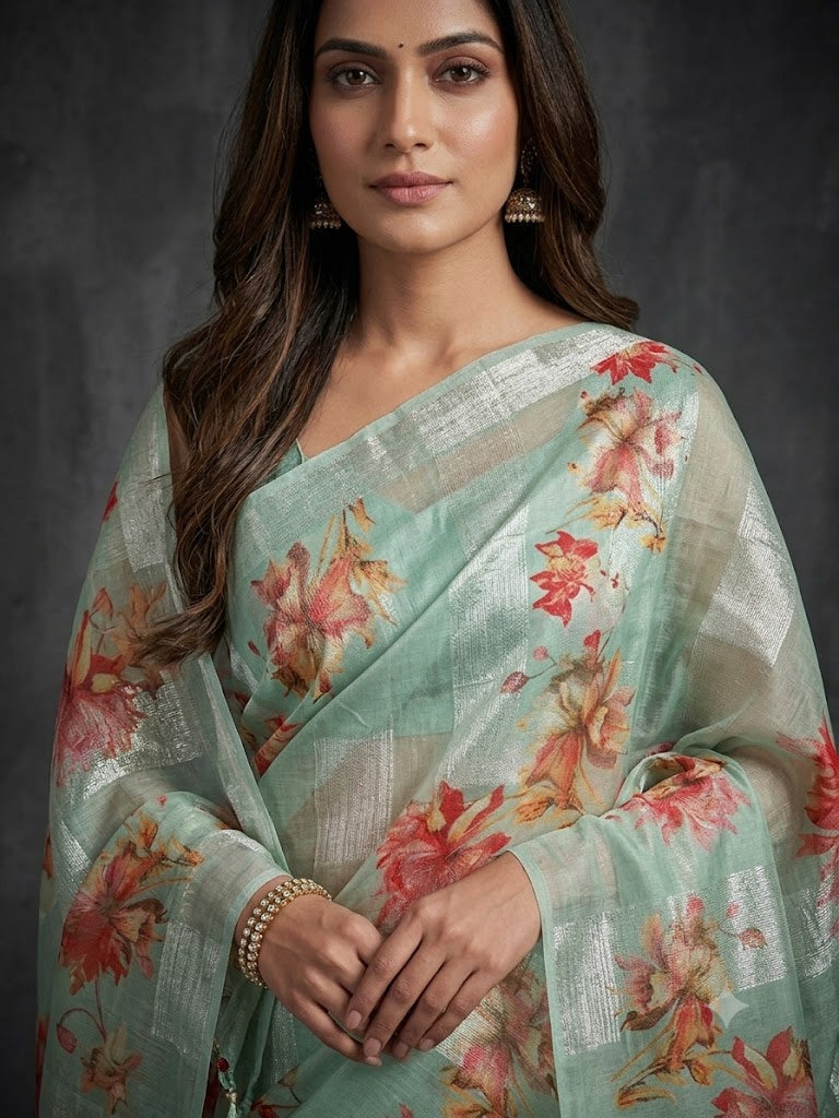 Seafoam Green Printed Pure Organza Silk Saree