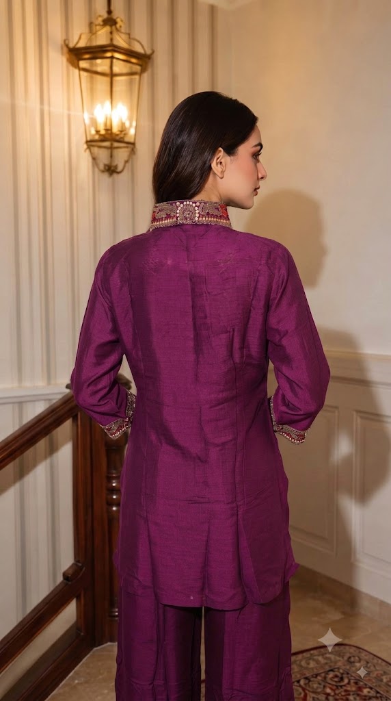 Luxe Wine Embellished Dola Silk Co-Ord Set