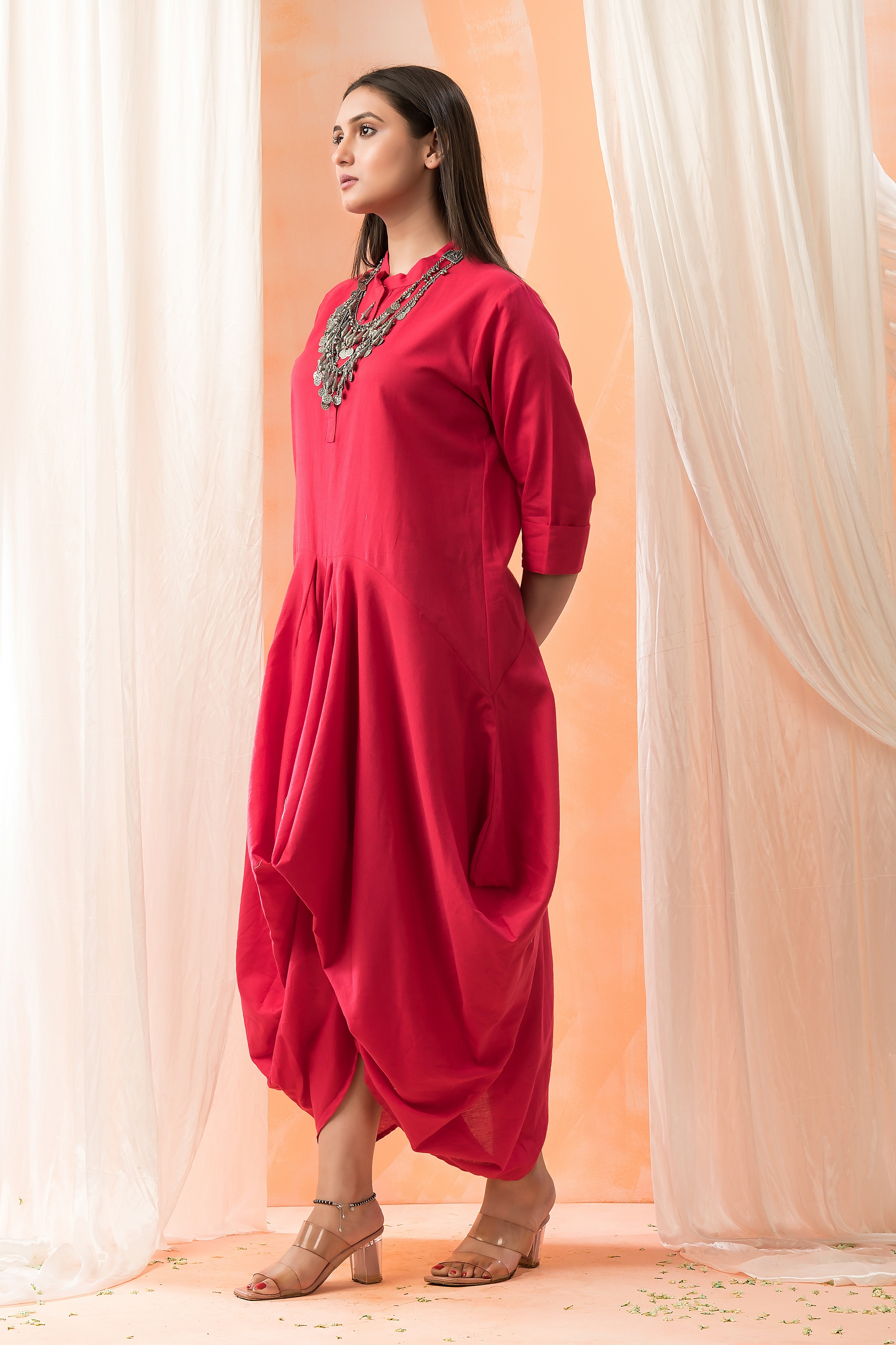 Solid Red Draped Cotton Dress