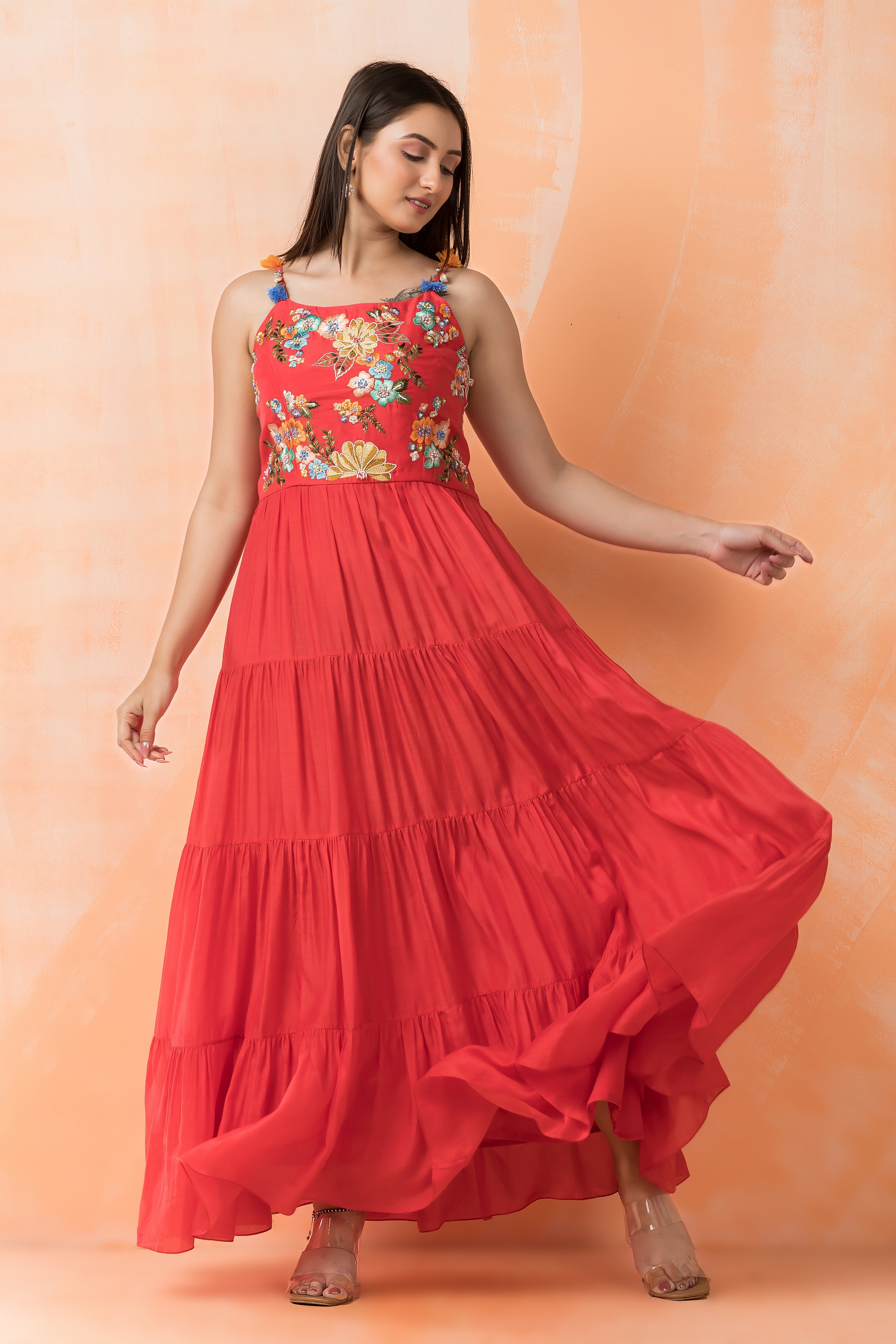Red Mul-Cotton Tiered Dress