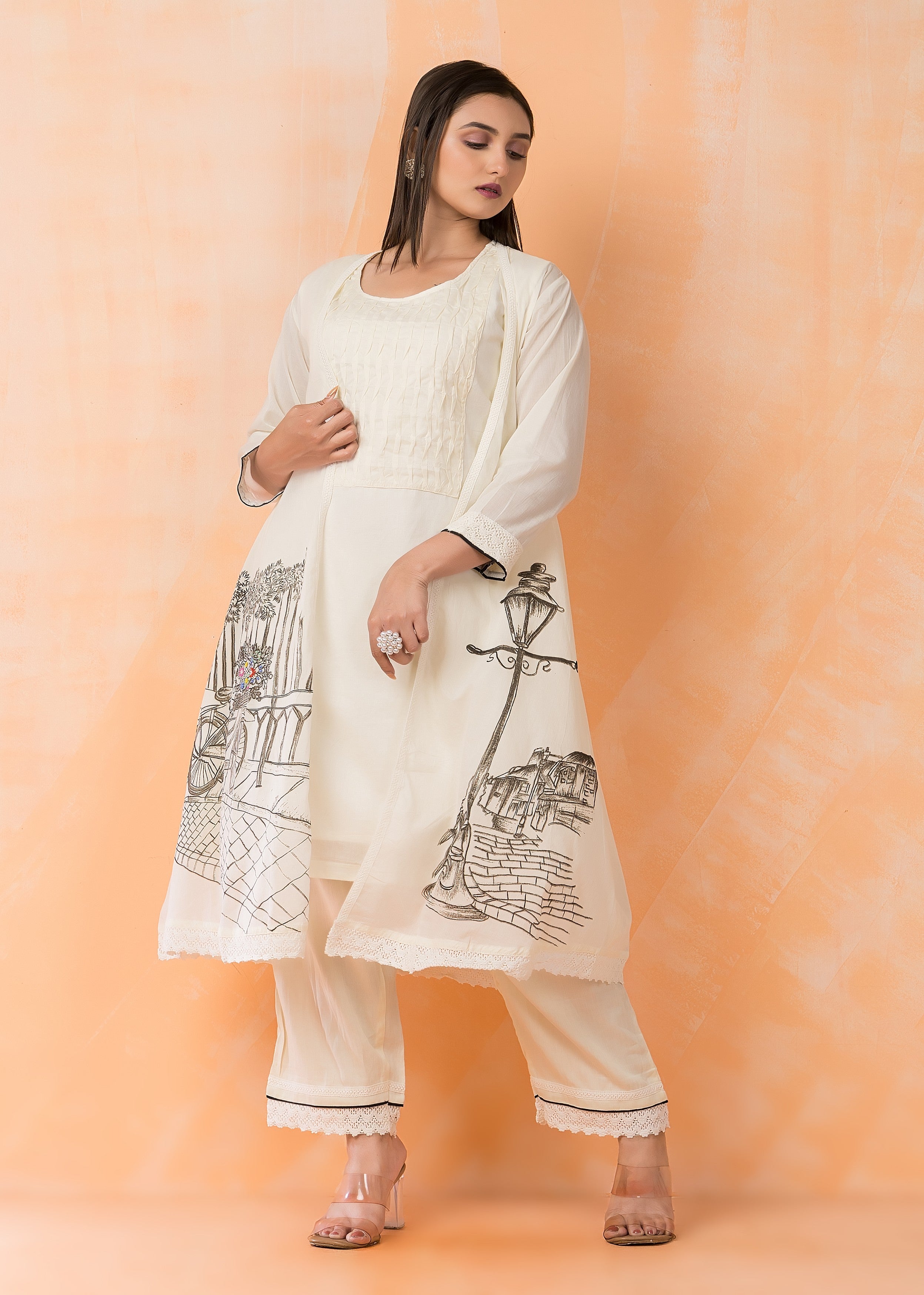 White Printed Mul Chanderi Pant Set