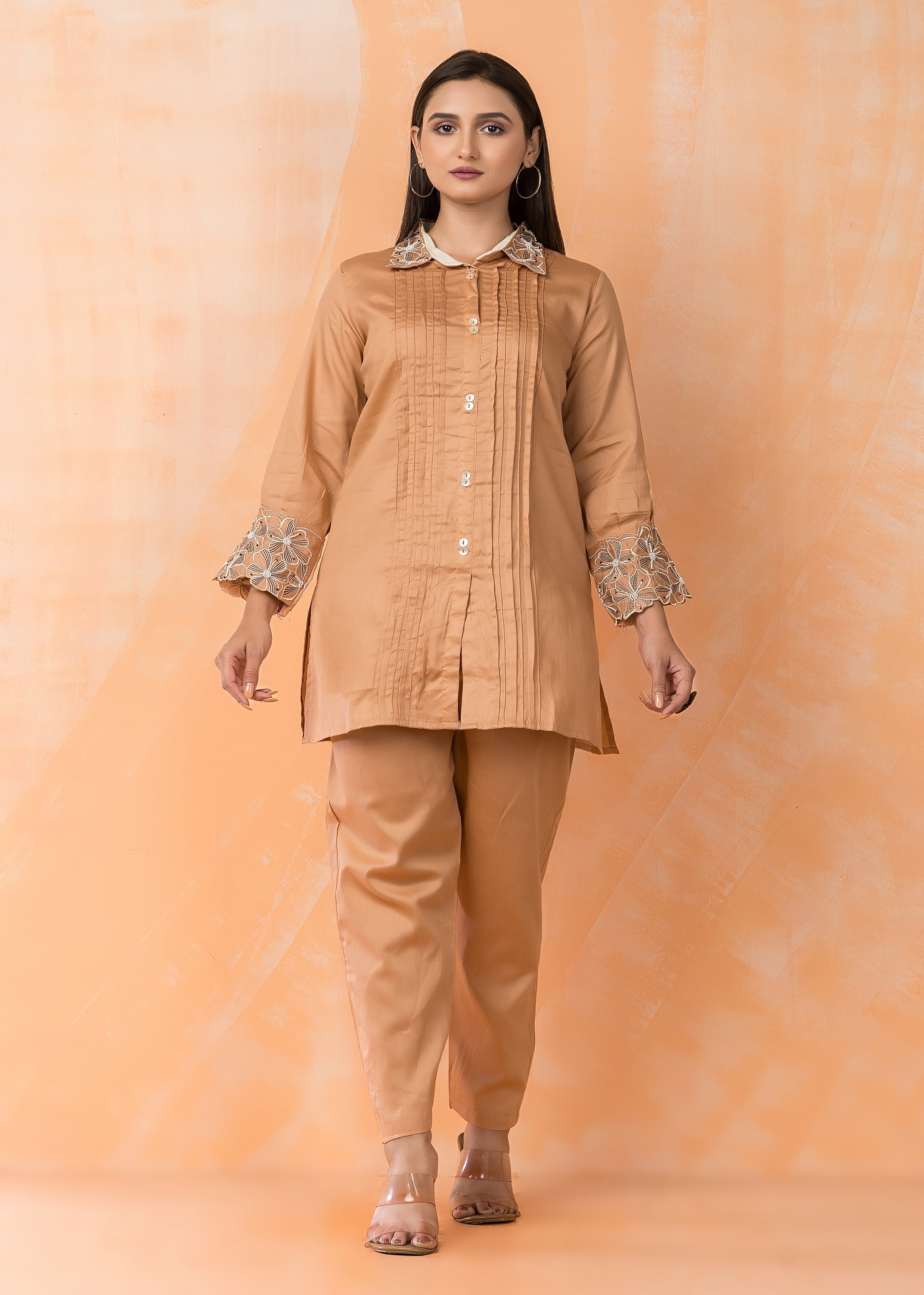 Fawn Brown Embellished Cotton Co-Ord Set