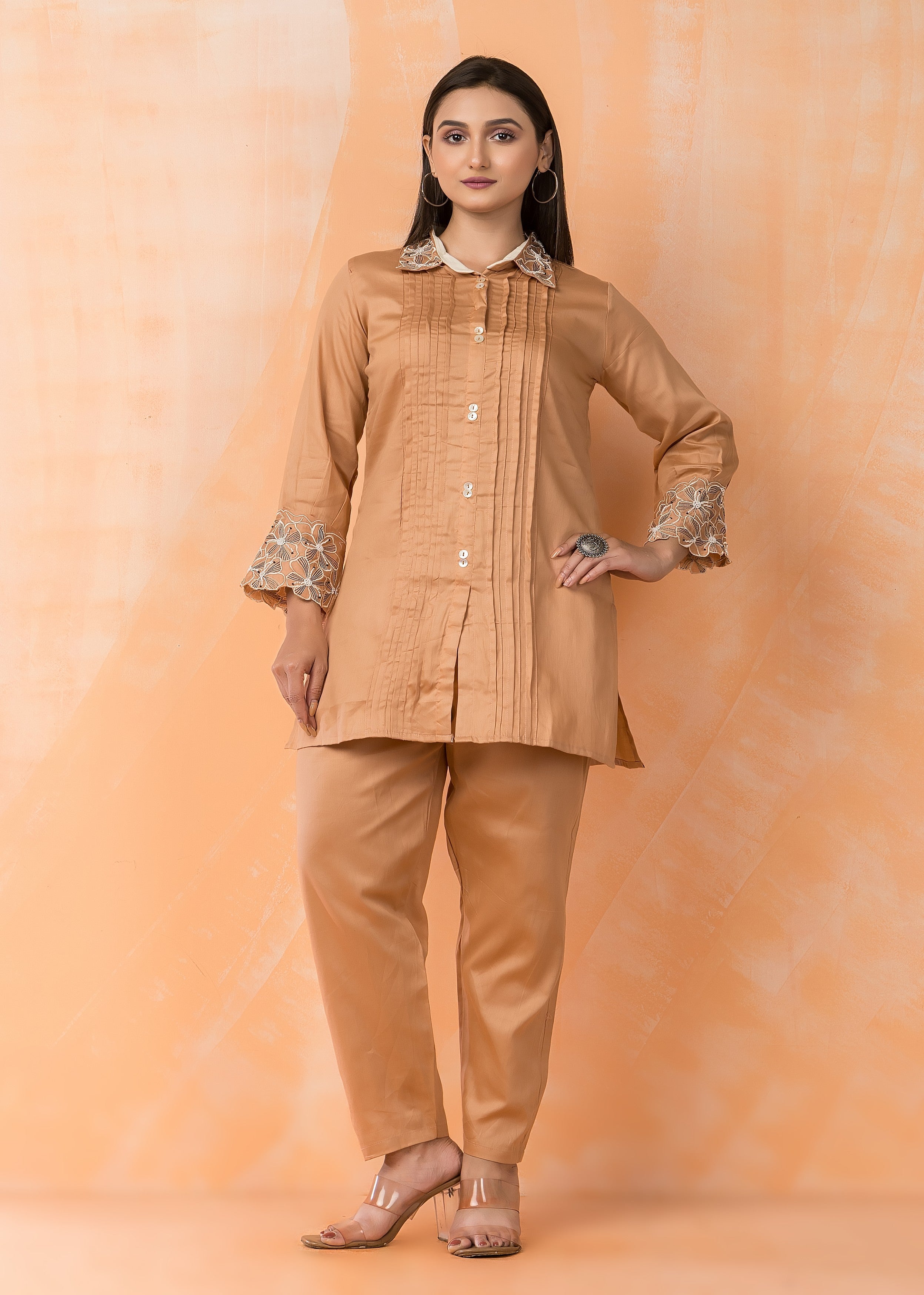 Fawn Brown Embellished Cotton Co-Ord Set