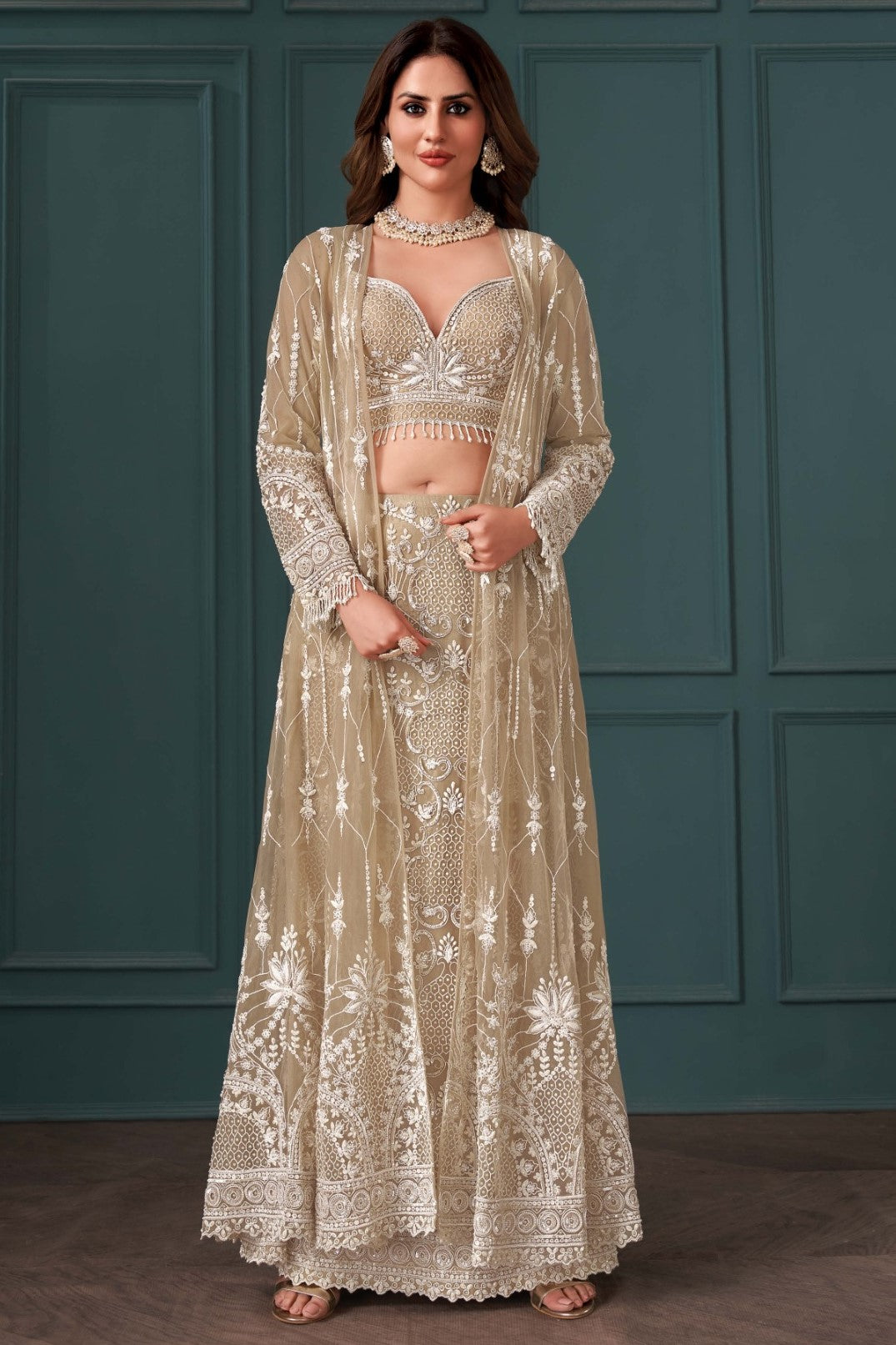 Ethereal Beige Embellished Premium Silk Cape Set