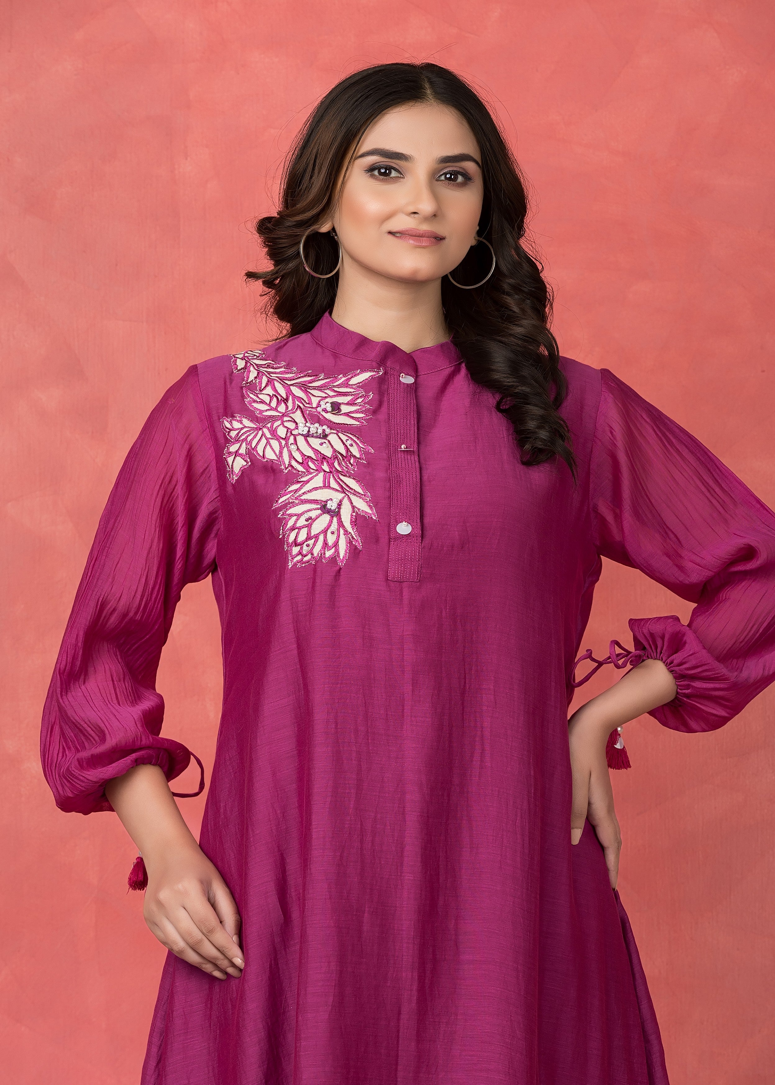Rouge Pink Embroidered Mul Chanderi Kurta Set