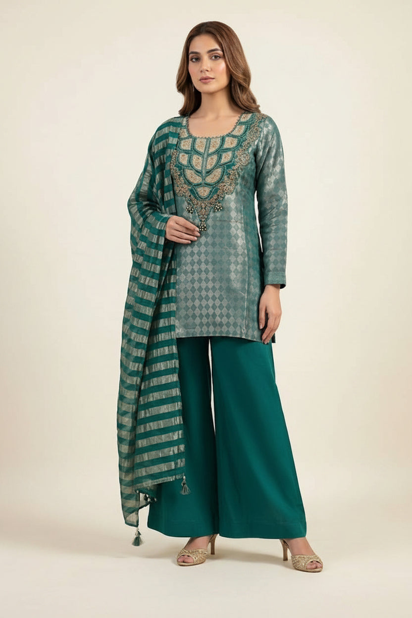 Green Ivy Embellished Shimmer Organza Silk Palazzo Set