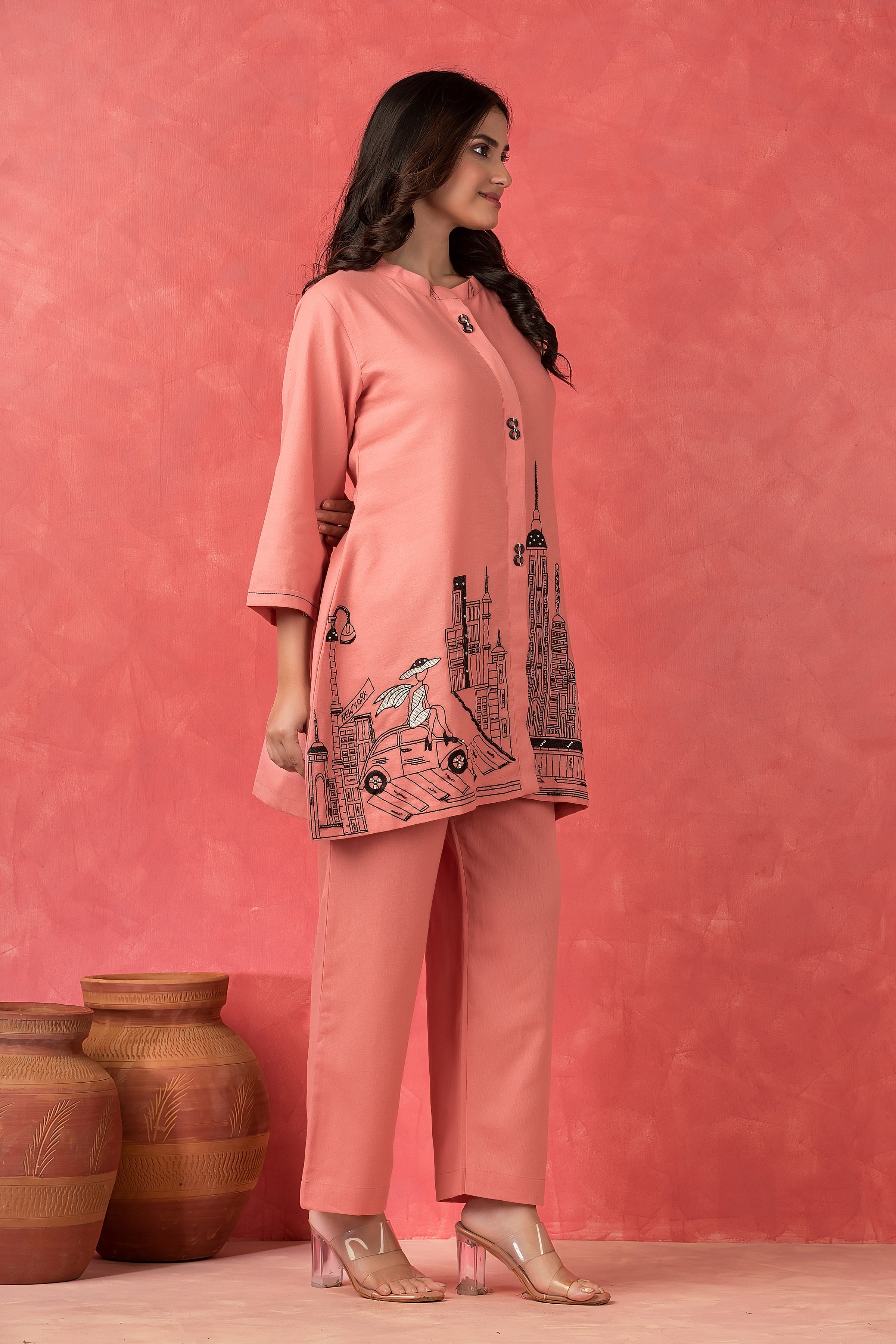 Peach Pink Printed Cotton Co-Ord Set